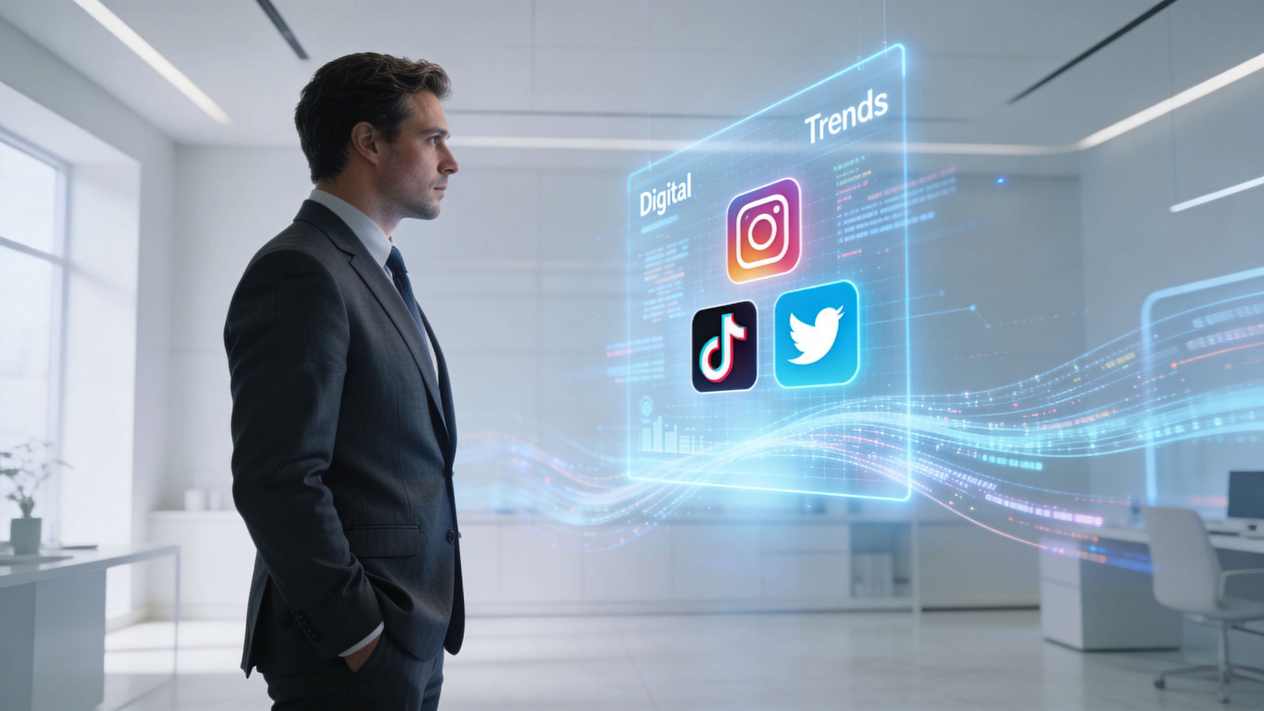 A professional man in a suit looking at a futuristic digital display of social media logos.