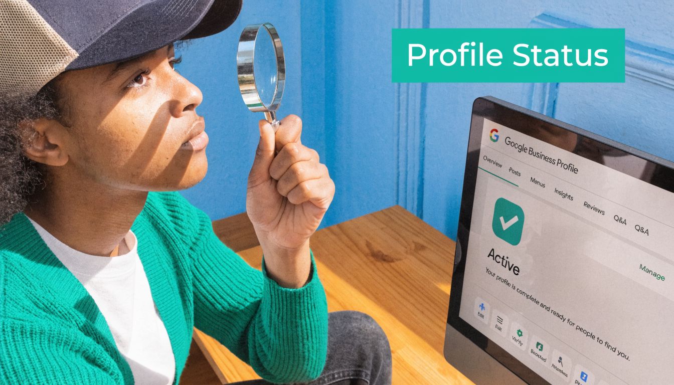 A person looking through a magnifying glass at a computer screen showing an active Google Business Profile.