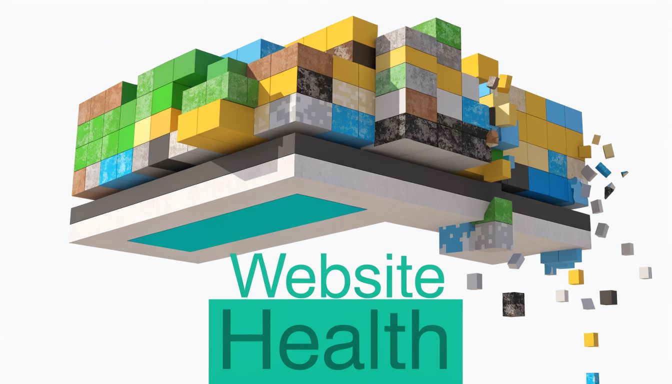 A conceptual illustration of digital blocks representing website health with fragmented pieces falling away.