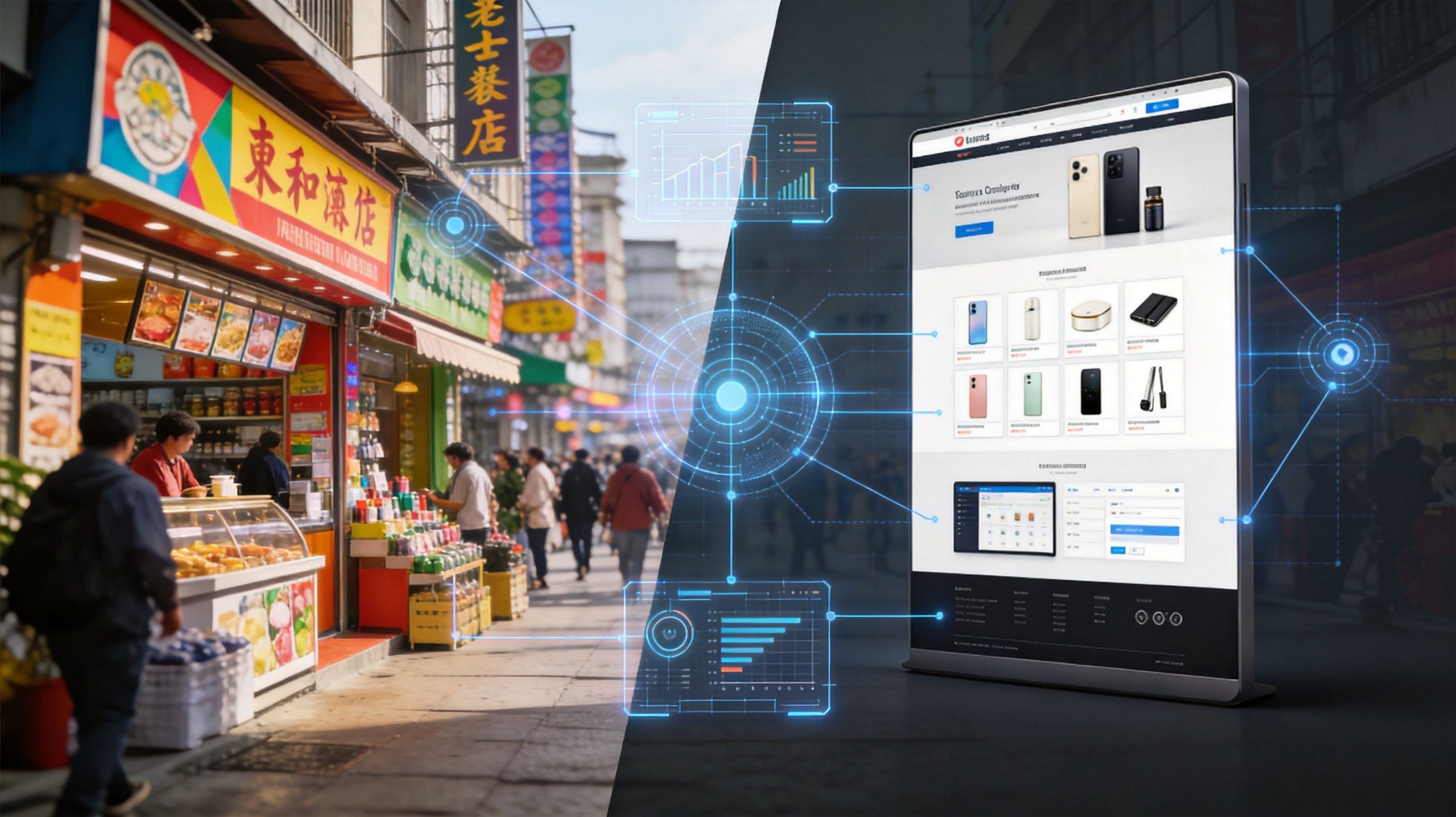 A digital display bridging a bustling city street with futuristic data analytics and e-commerce interfaces.