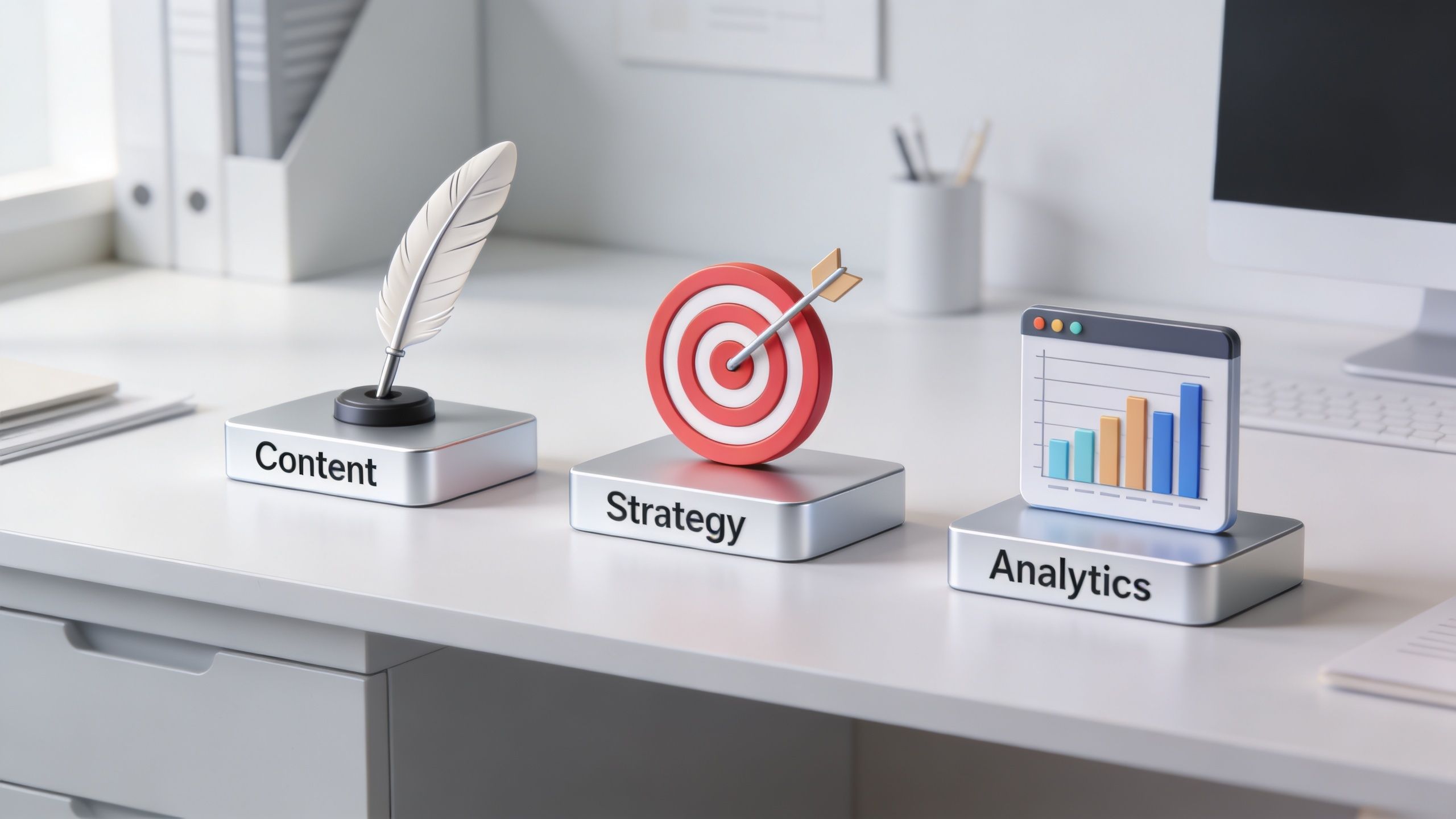 A minimalist office desk featuring three 3D icons representing Content, Strategy, and Analytics in marketing.