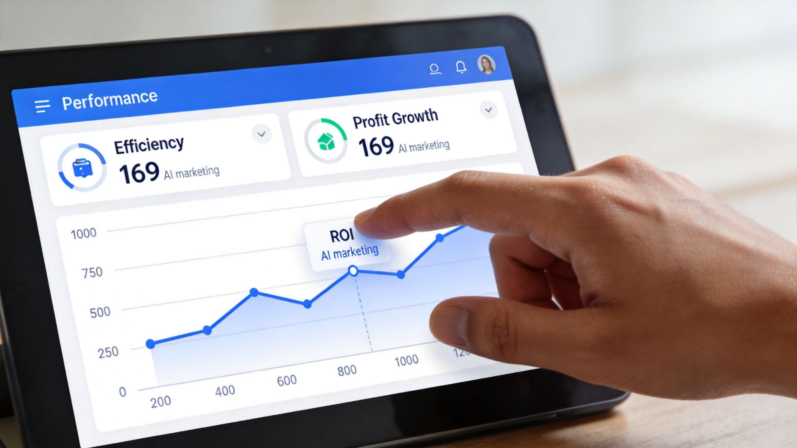 A person using a tablet to view an interactive digital marketing performance dashboard with data visualization charts.