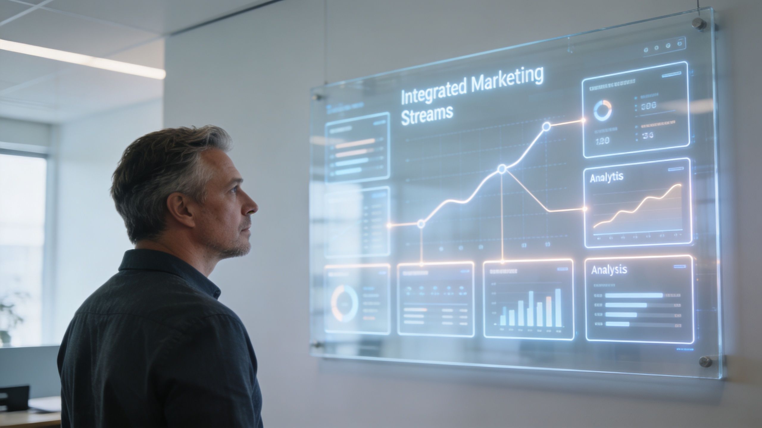 A professional man observing a glowing digital analytics dashboard displaying integrated marketing stream data on a wall display.