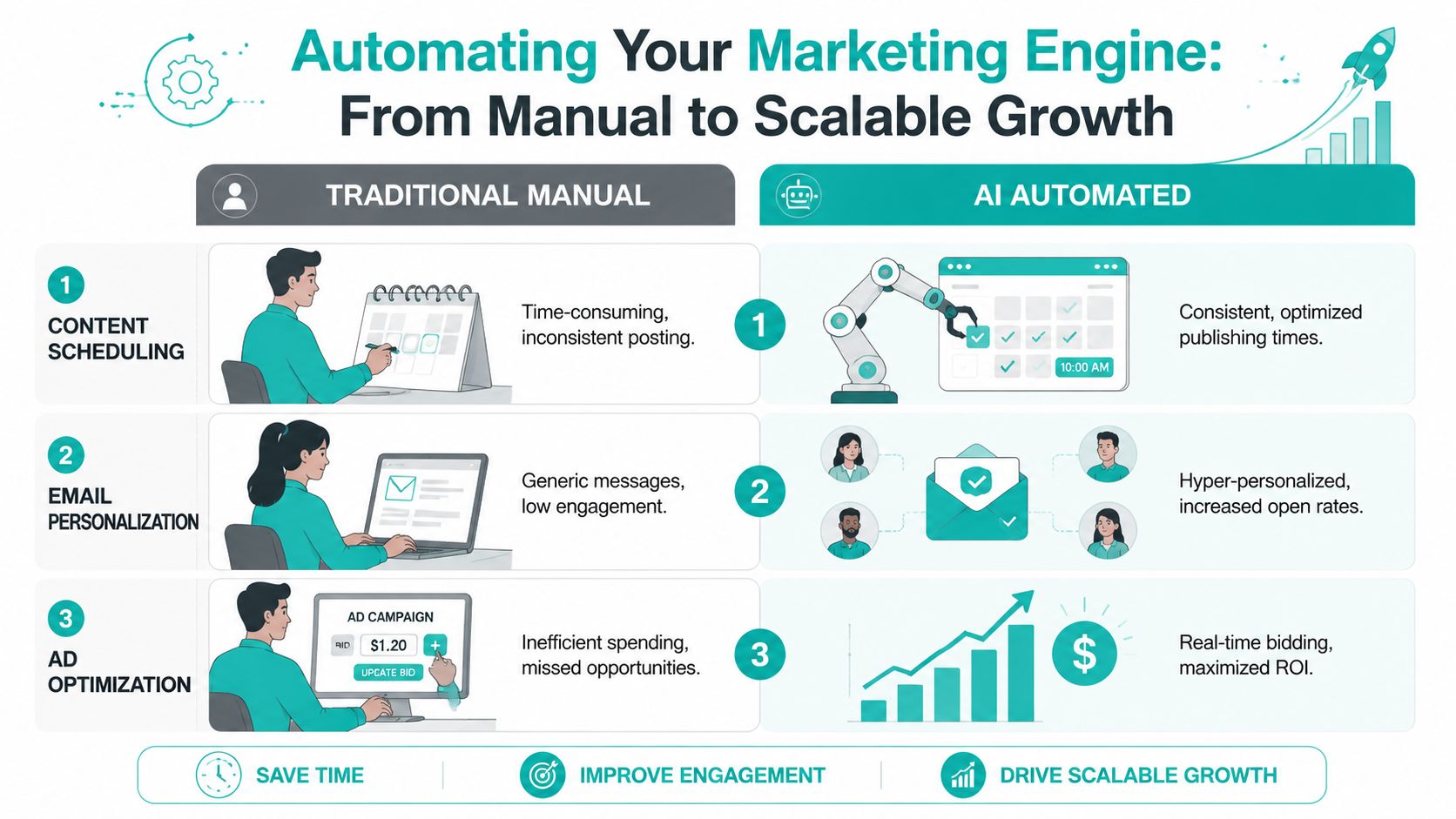 A comparison chart showing how AI automation improves content scheduling, email personalization, and ad optimization for marketing efficiency.