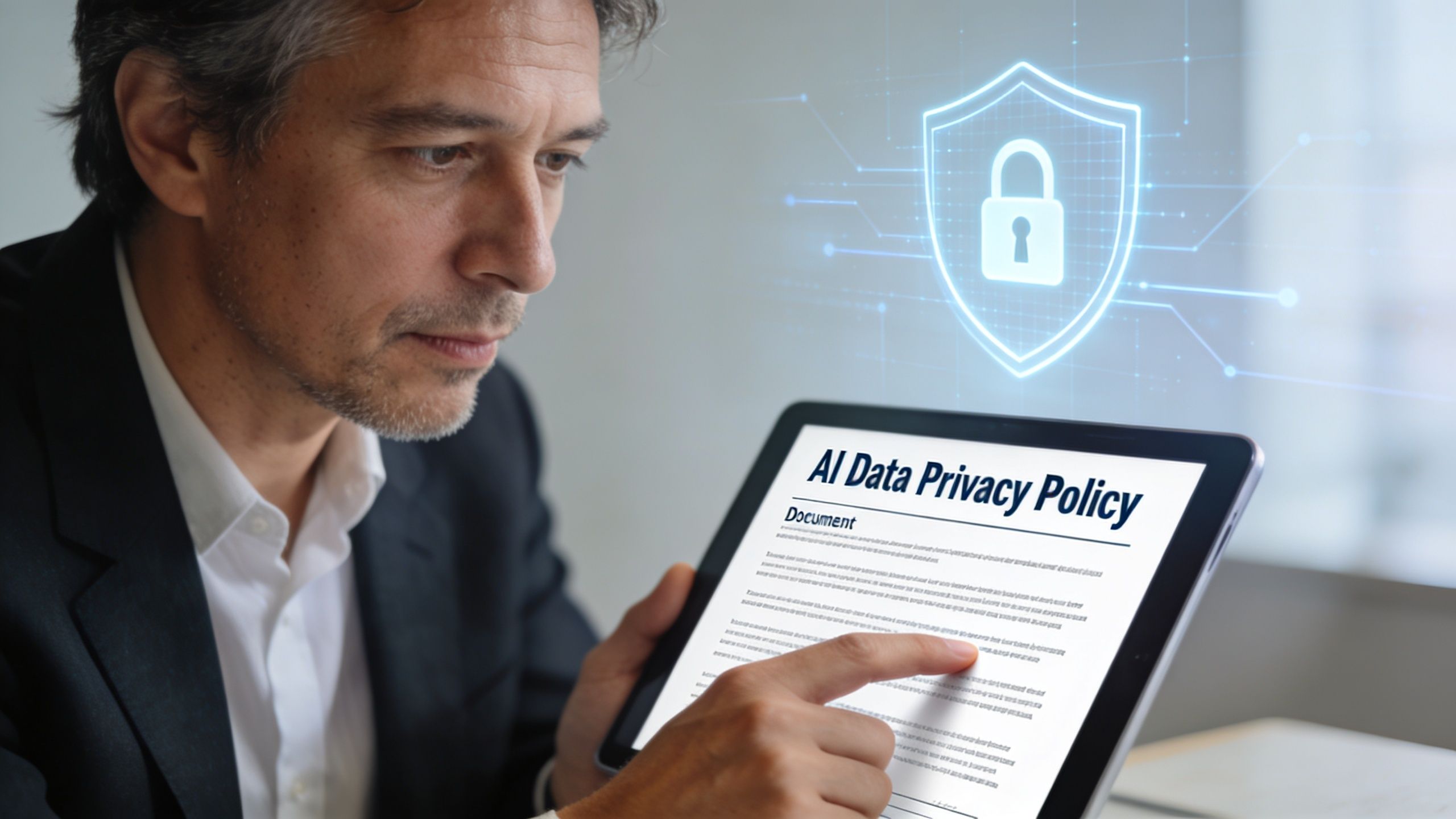 A professional man reviewing an AI data privacy policy document on a digital tablet with a security icon.