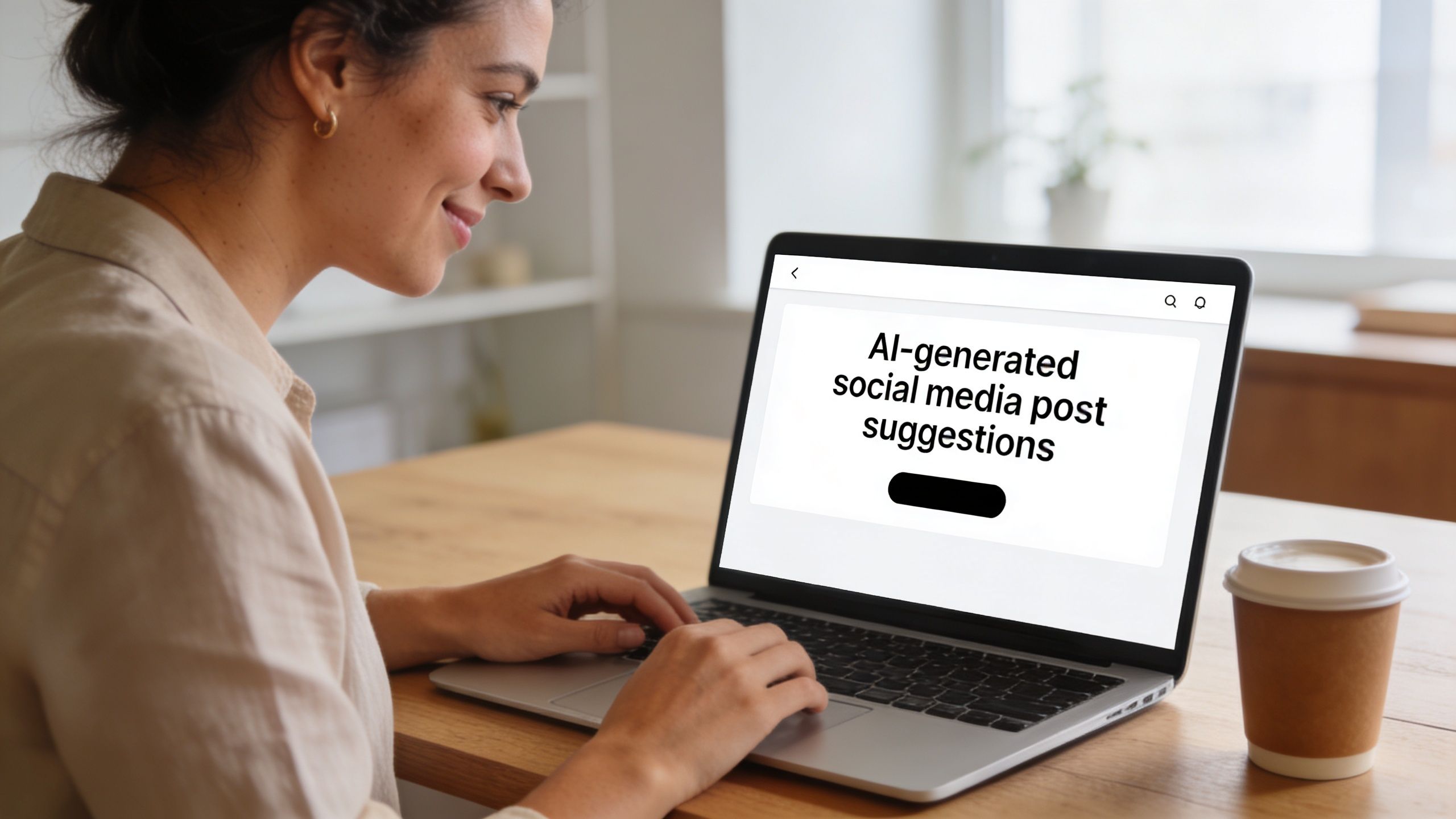 A smiling woman using a laptop to view AI-generated social media post suggestions in a bright office.