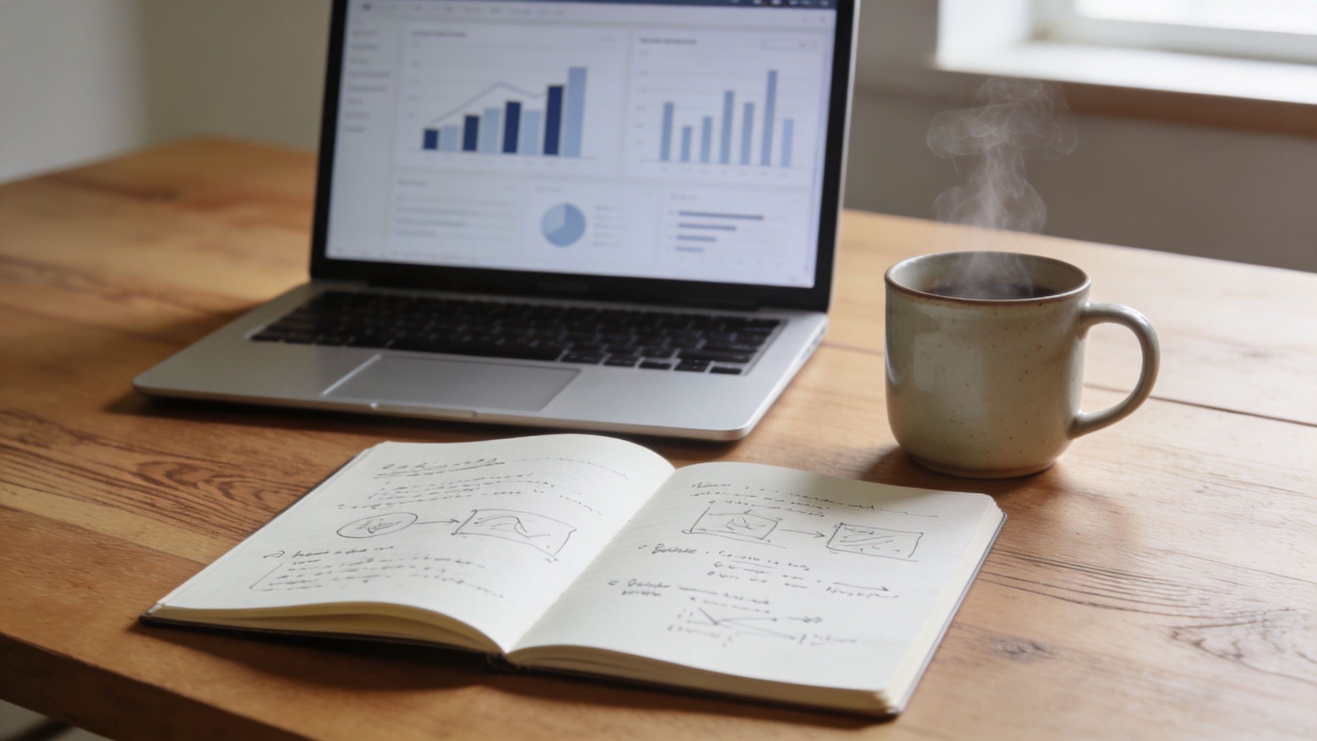 A laptop showing data charts next to a notebook with sketches and a steaming mug of coffee.