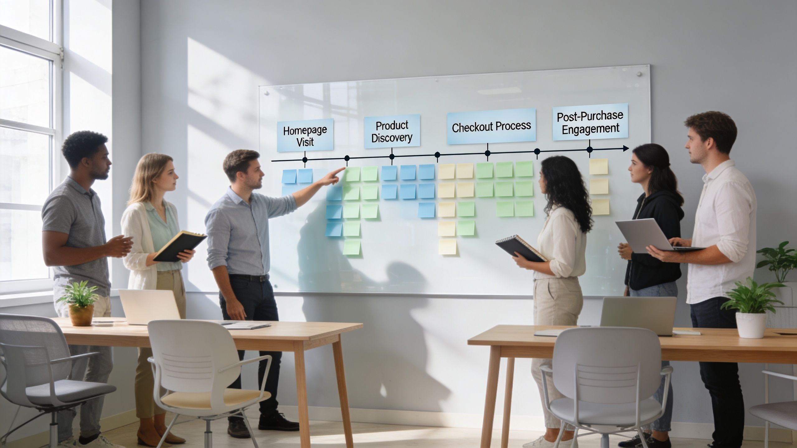 A professional team collaborating on a customer journey map using sticky notes on a whiteboard in office.