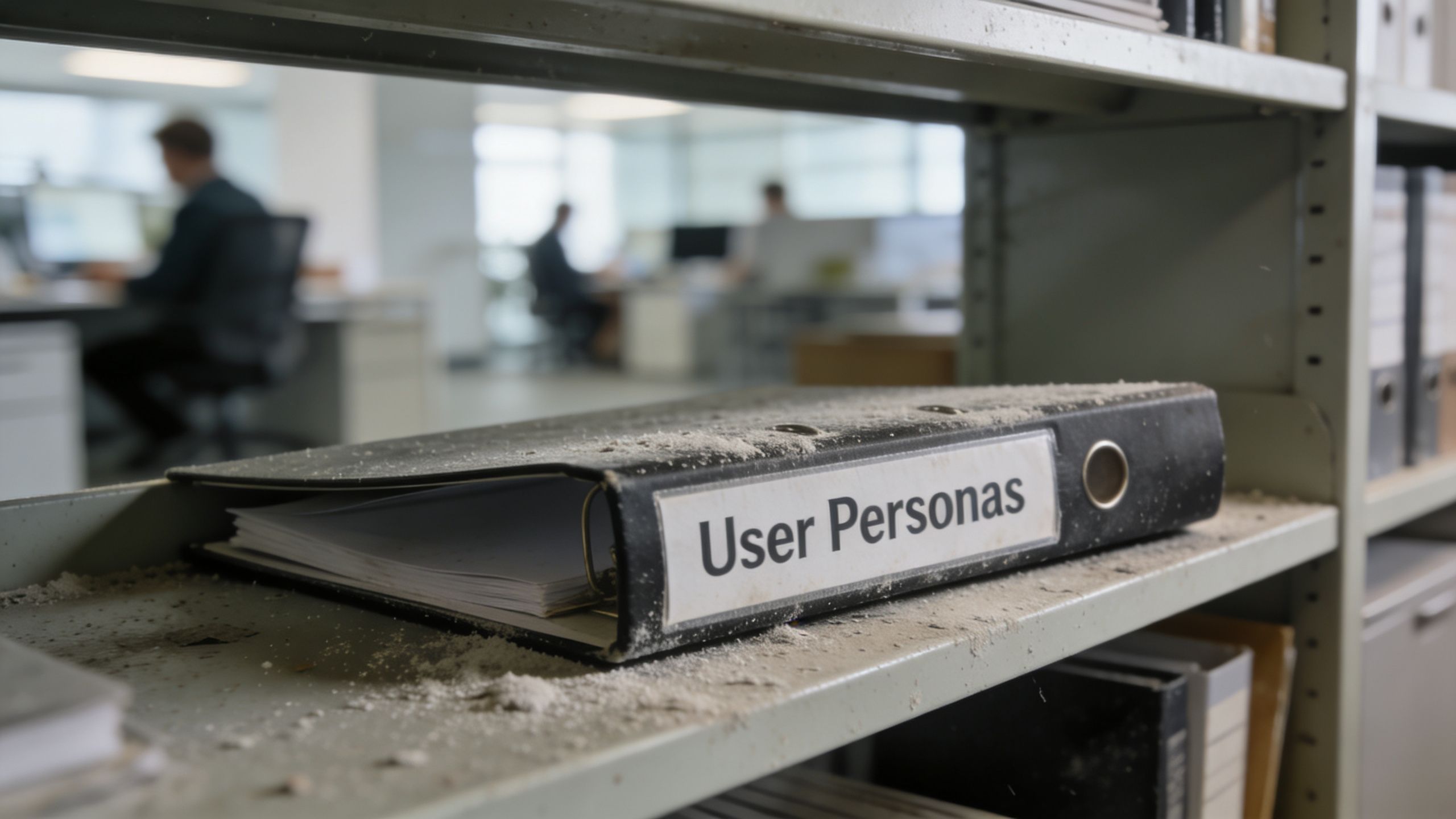 A dusty black binder labeled User Personas sitting on an old metal shelf in an office background.