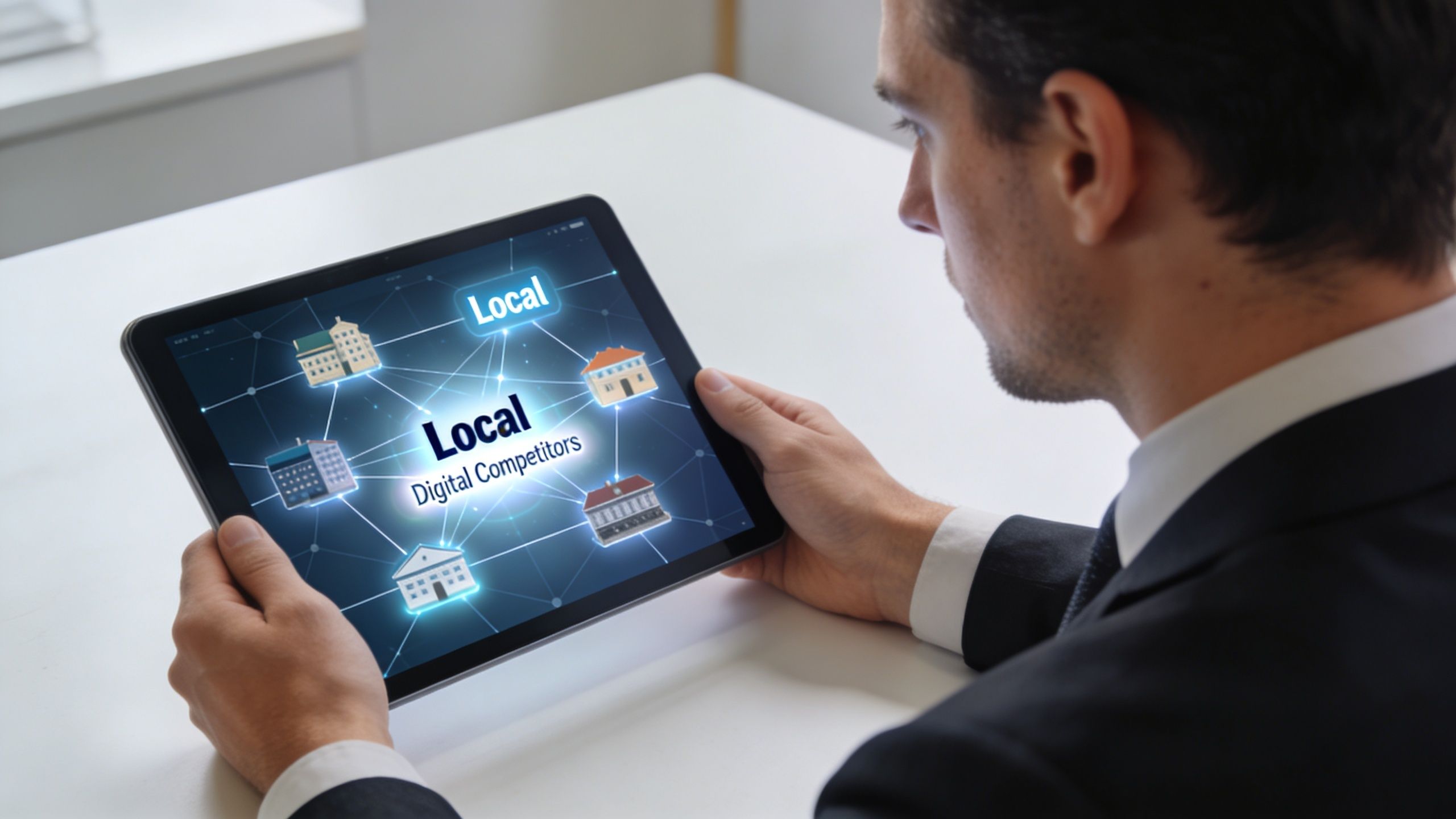 A businessman reviewing a digital network chart about local digital competitors on a tablet screen.