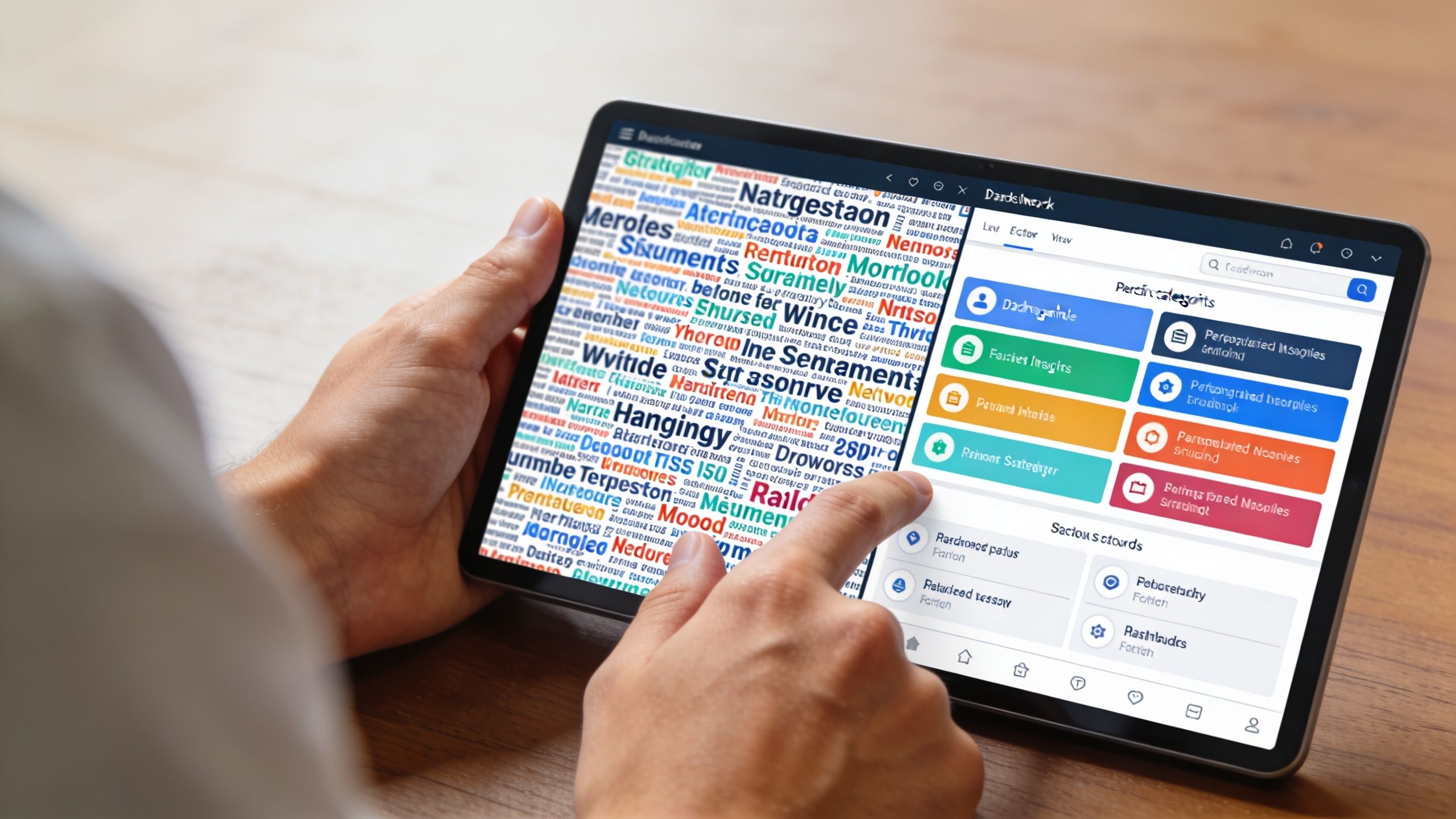 A person using a tablet to review competitor adwords keywords displayed on the device screen.