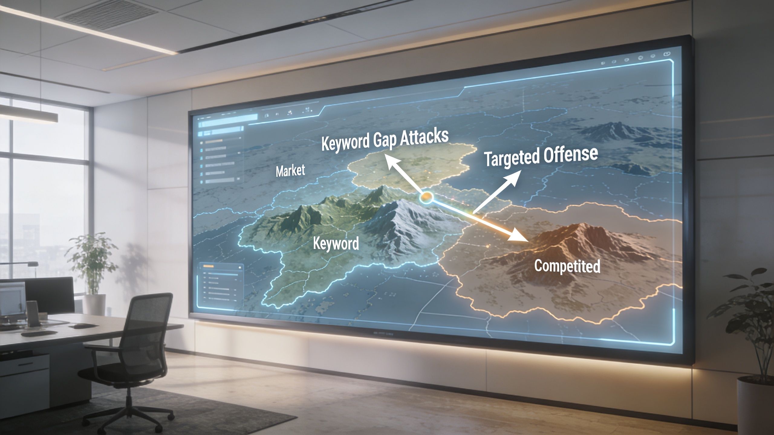 A large digital screen in an office displays a strategy map showing SEO keyword gap attacks and targeted offense.