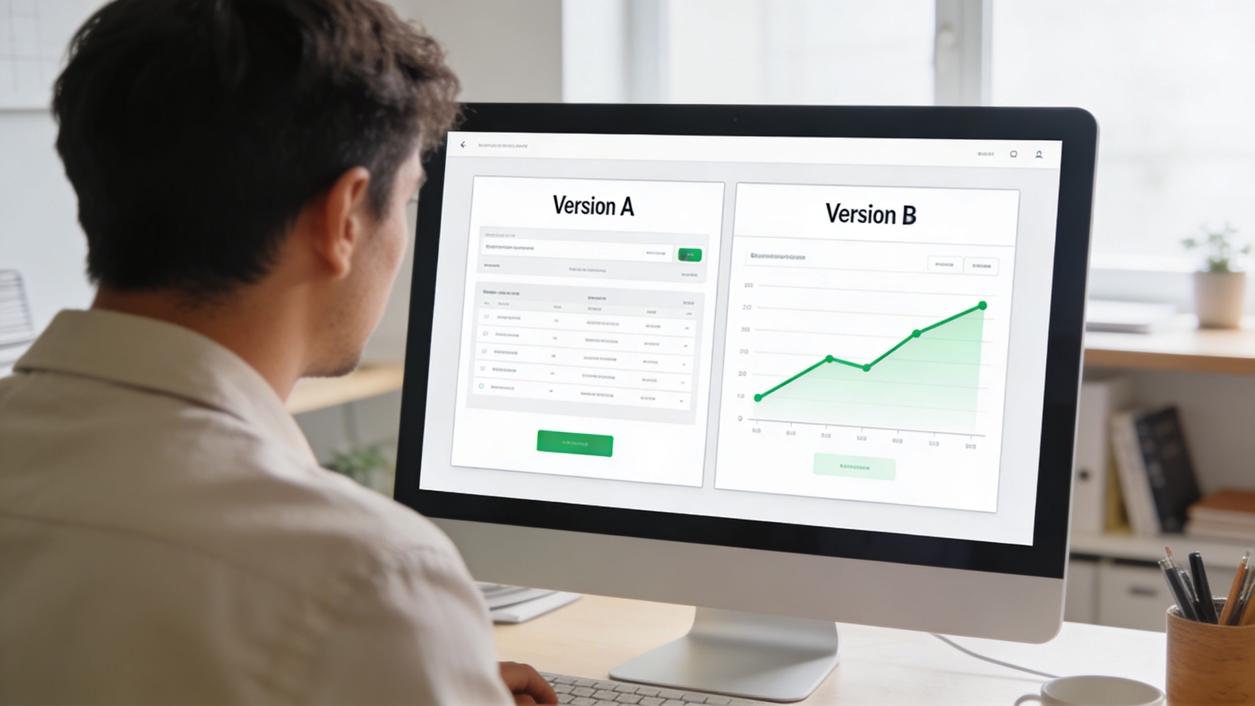 A man working on his computer comparing two different versions of a landing page design.
