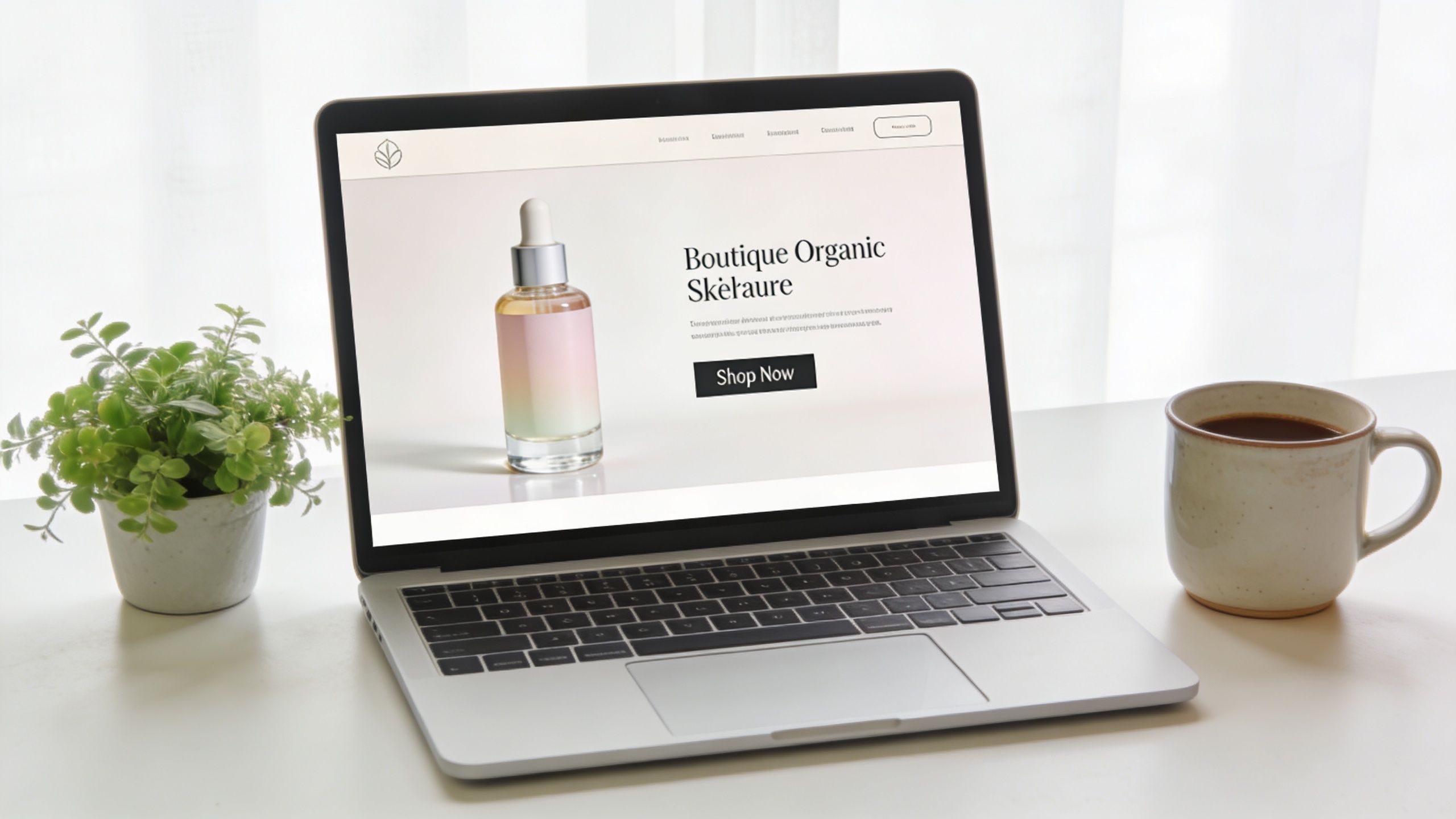 A laptop on a white desk displaying a website for boutique organic skincare products with a serum bottle.