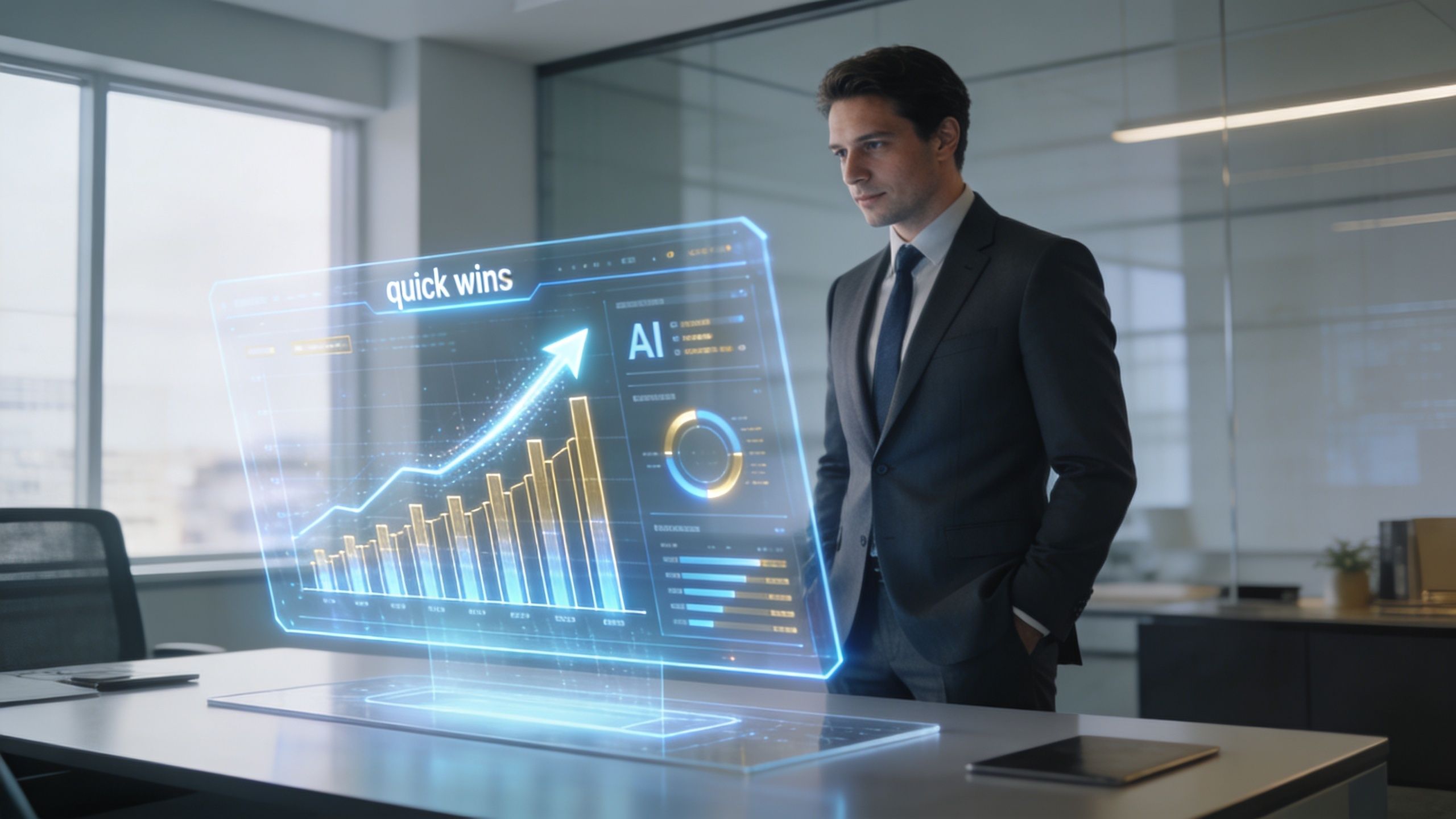 A professional man in a suit looking at a holographic screen displaying business growth charts and analytics.