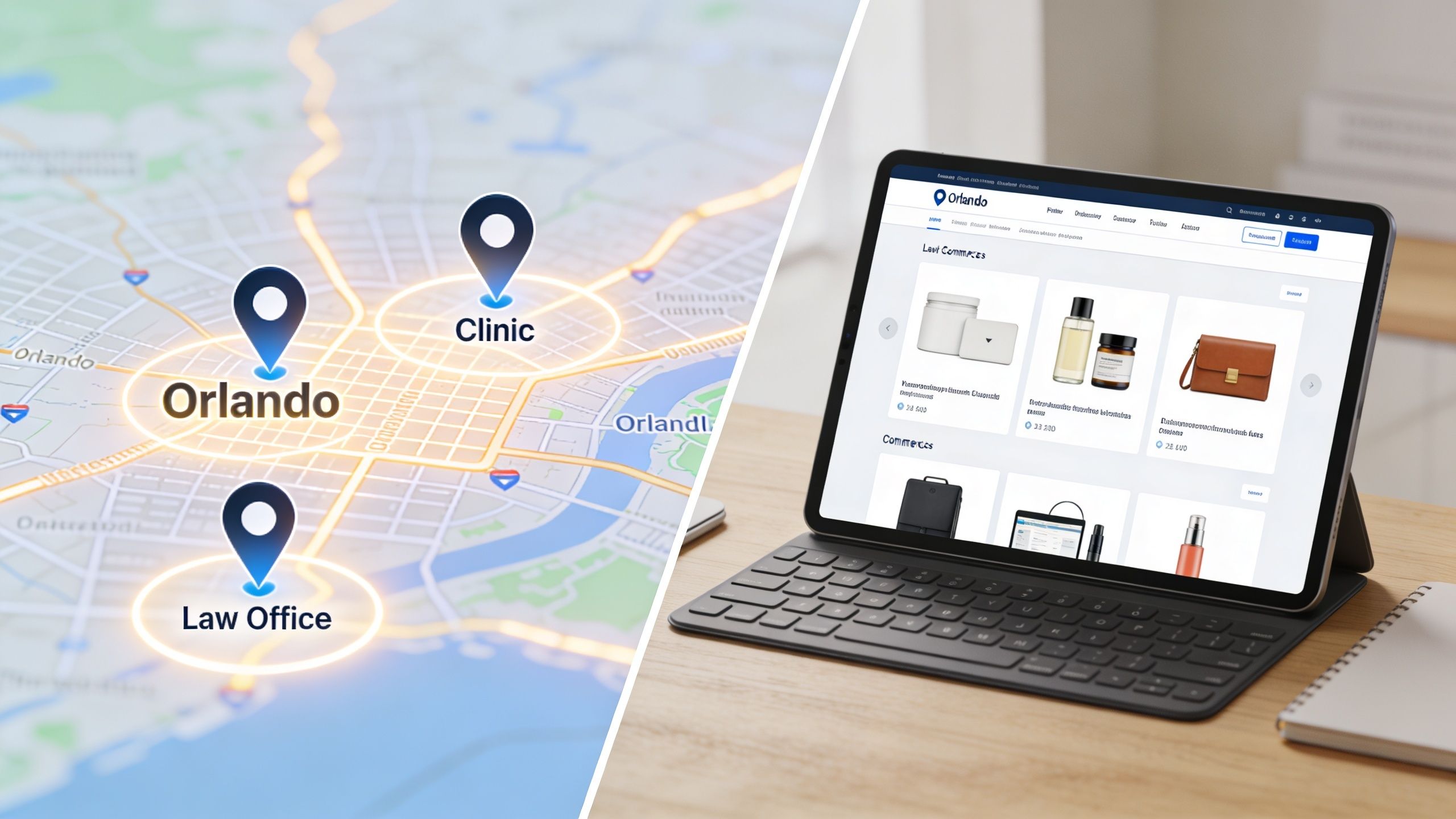 A digital tablet displaying an e-commerce website next to a map illustrating various business locations in Orlando.