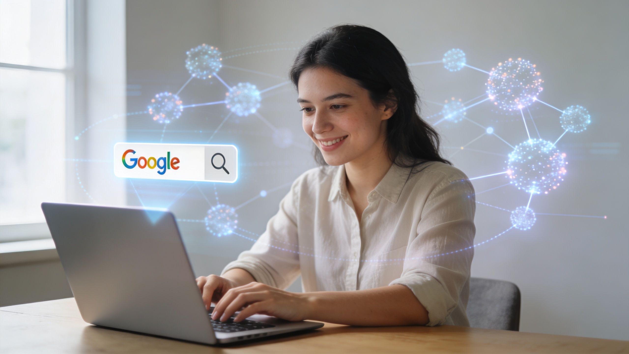 A smiling young woman using a laptop with a digital Google search interface graphic floating above.