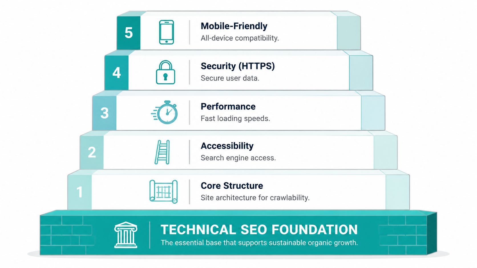 A five-step pyramid diagram showing the layers of Technical SEO foundation for sustainable organic website growth.