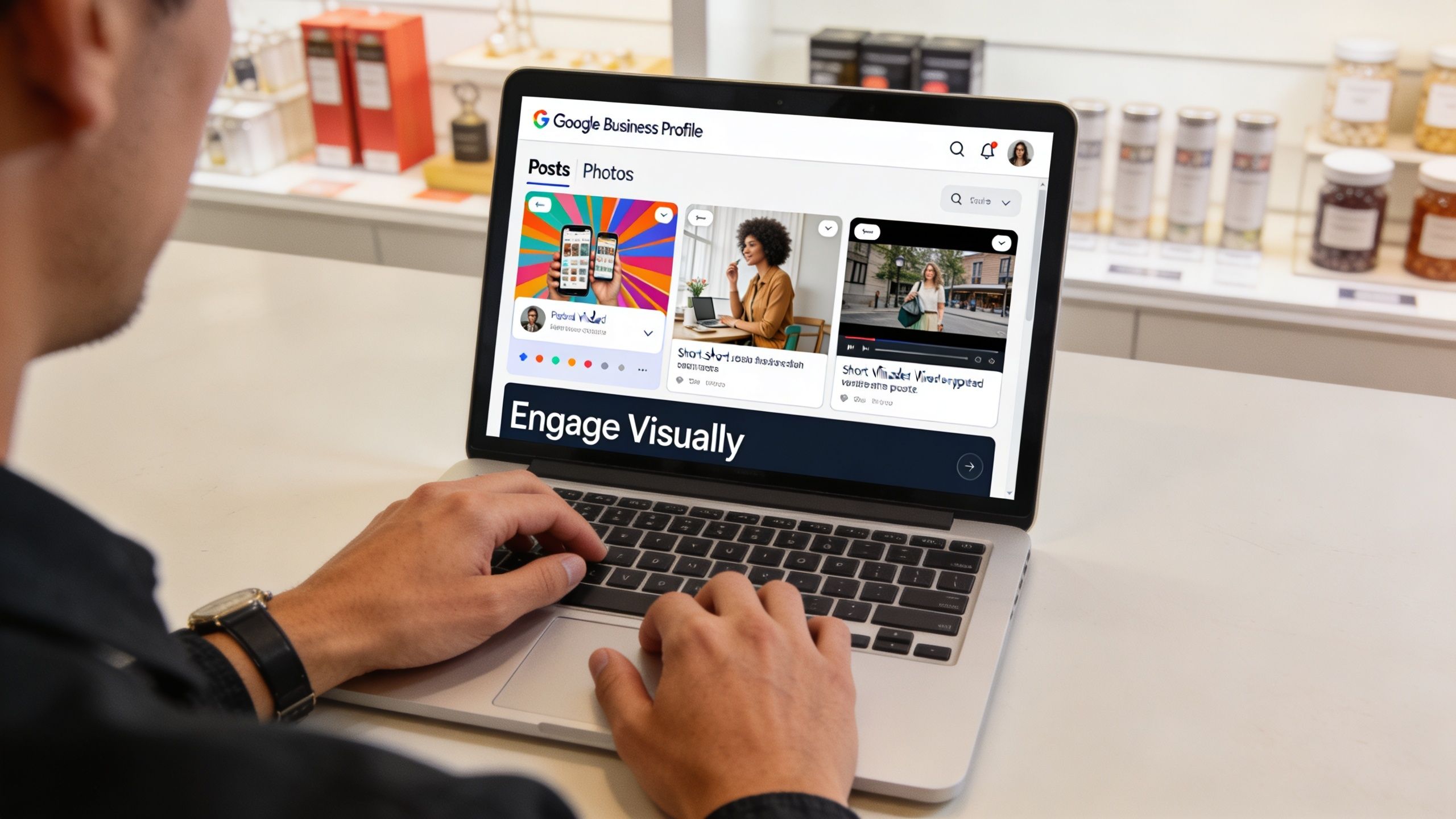 A person using a laptop to manage their Google Business Profile dashboard at a retail store.