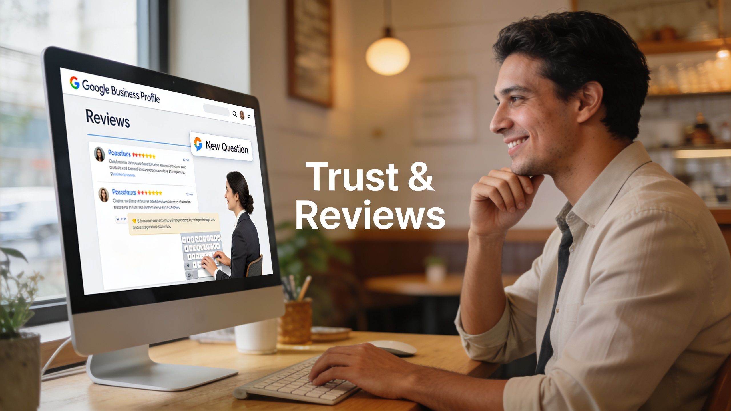 A man smiling at his computer screen displaying a Google Business Profile reviews management page.