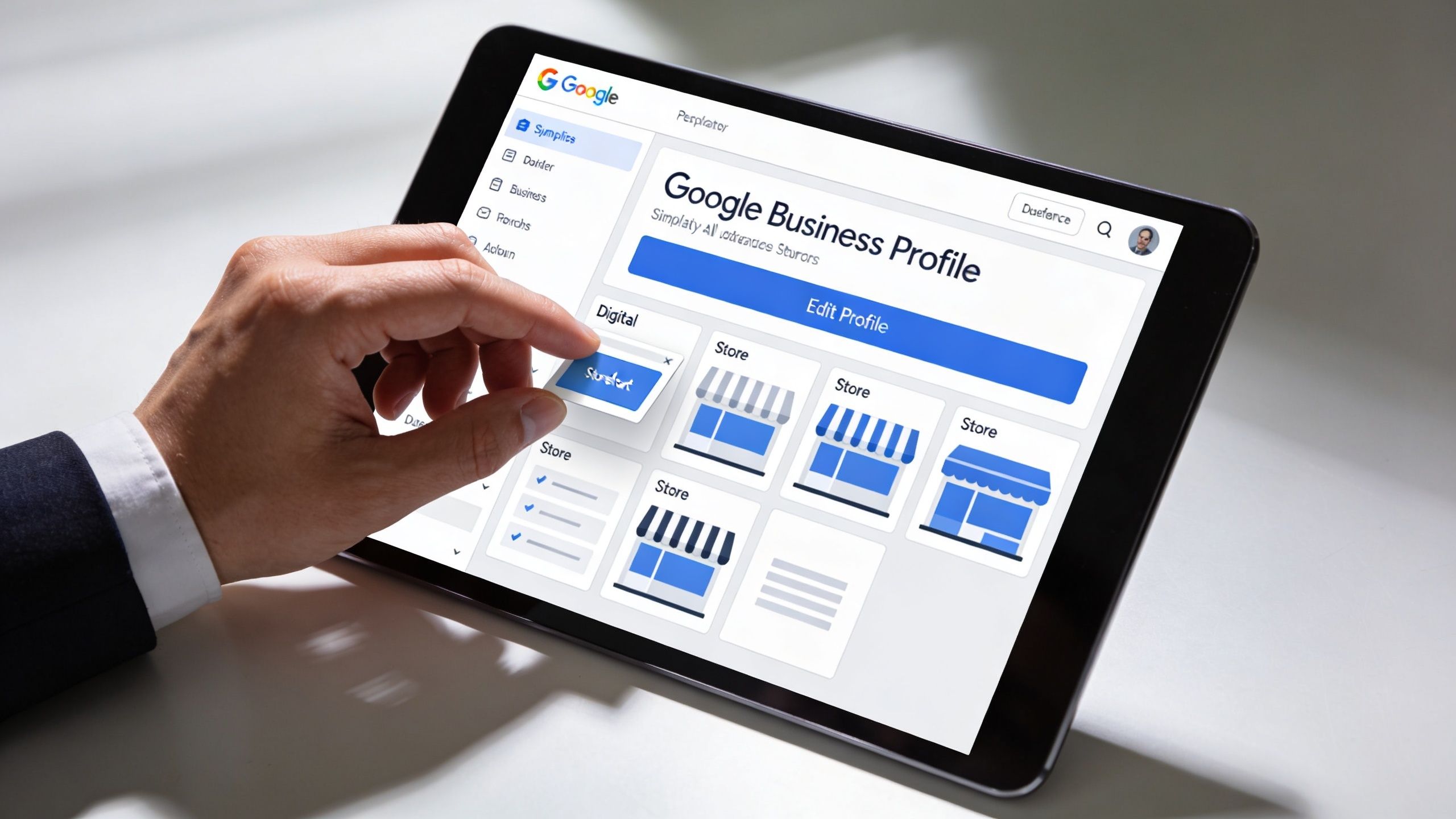 A hand using a tablet to manage a Google Business Profile account for digital and physical storefronts.