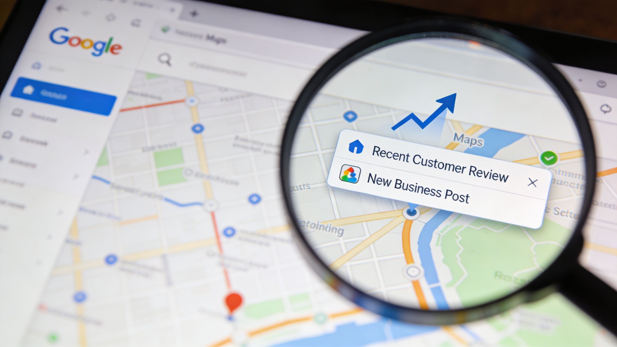 A magnifying glass focusing on a digital Google Maps interface showing customer review and business post notifications.
