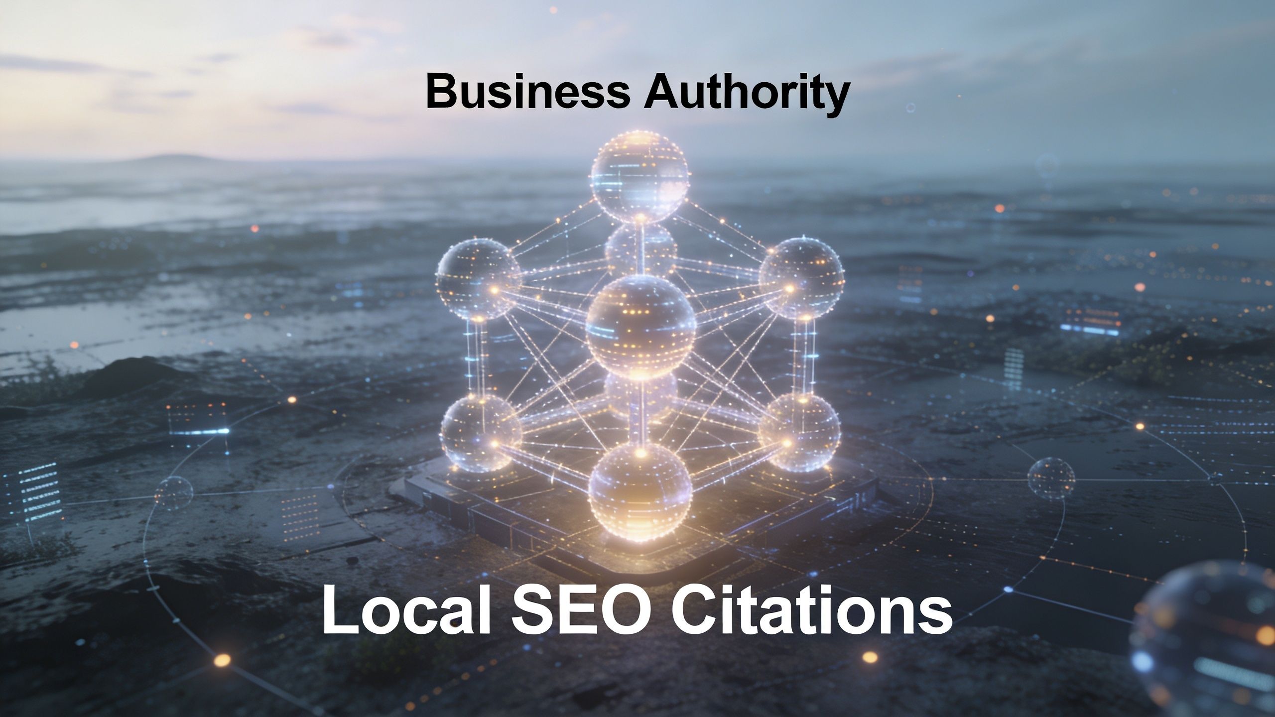 A digital graphic featuring a glowing data structure representing business authority and local SEO citations connectivity.