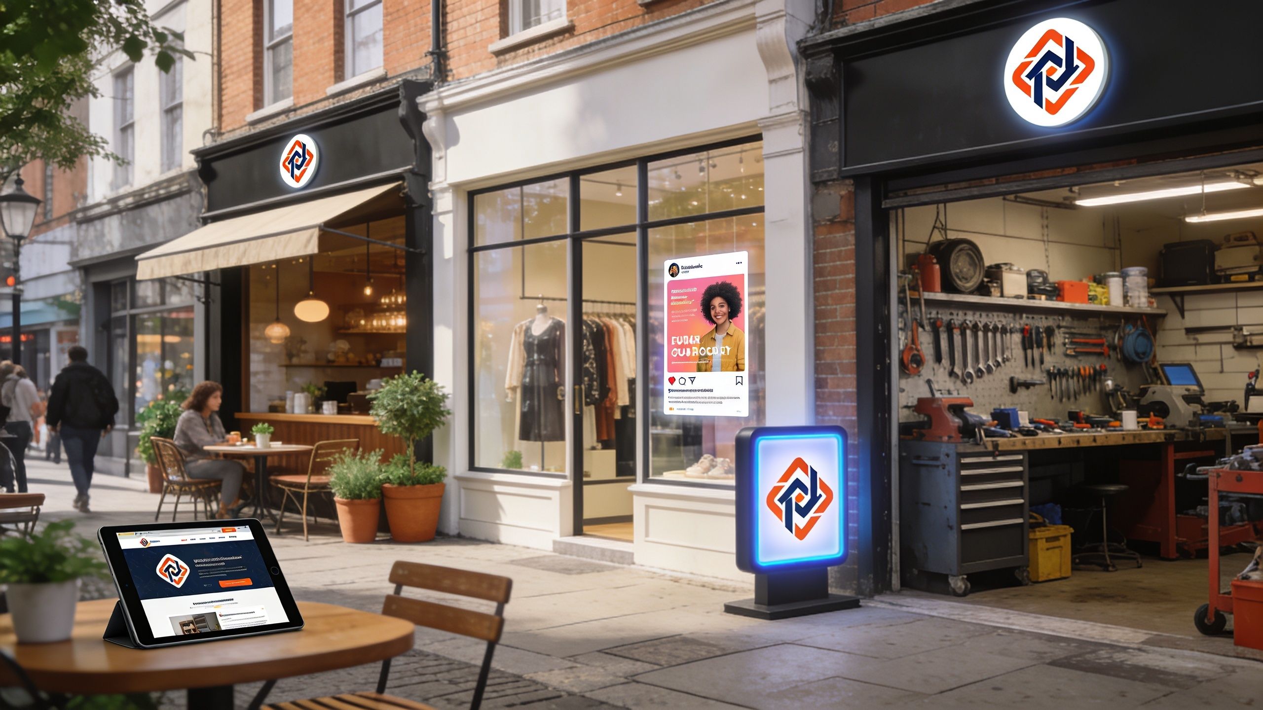 A commercial street scene featuring storefronts, an advertising display, and a tablet showcasing integrated marketing solutions.