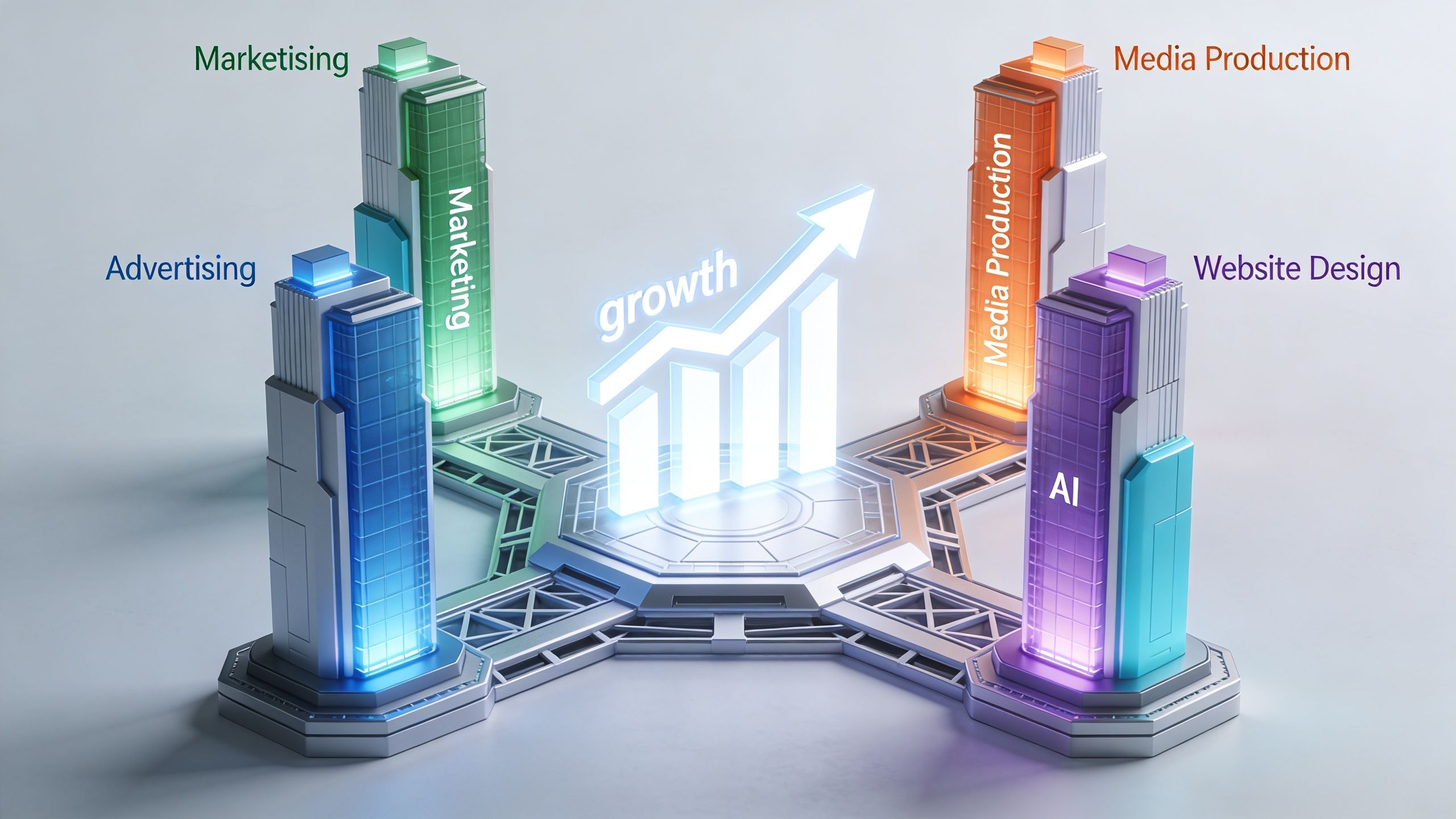 A 3D visualization of business services including marketing, advertising, media production, and AI web design driving growth.