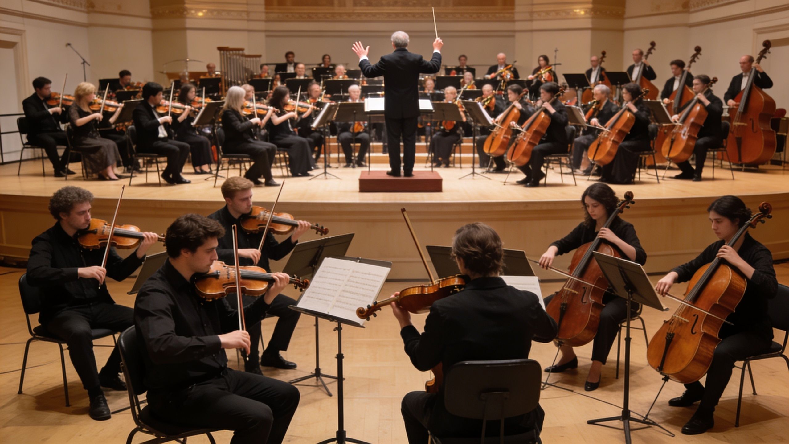 A professional symphony orchestra performs on stage with musicians playing string instruments under a conductor's guidance.
