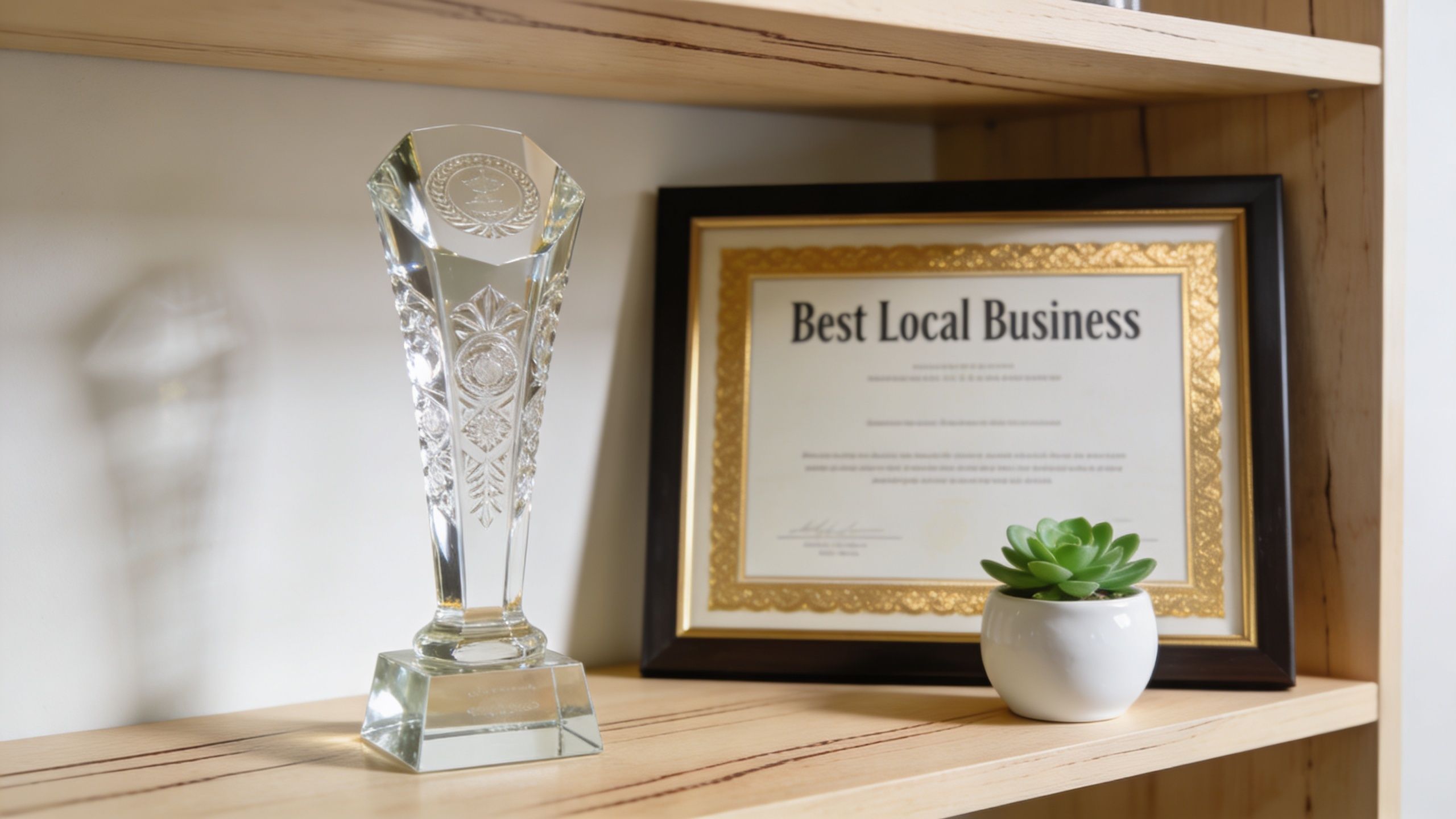 A crystal award trophy beside a Best Local Business certificate on a light wood shelf.