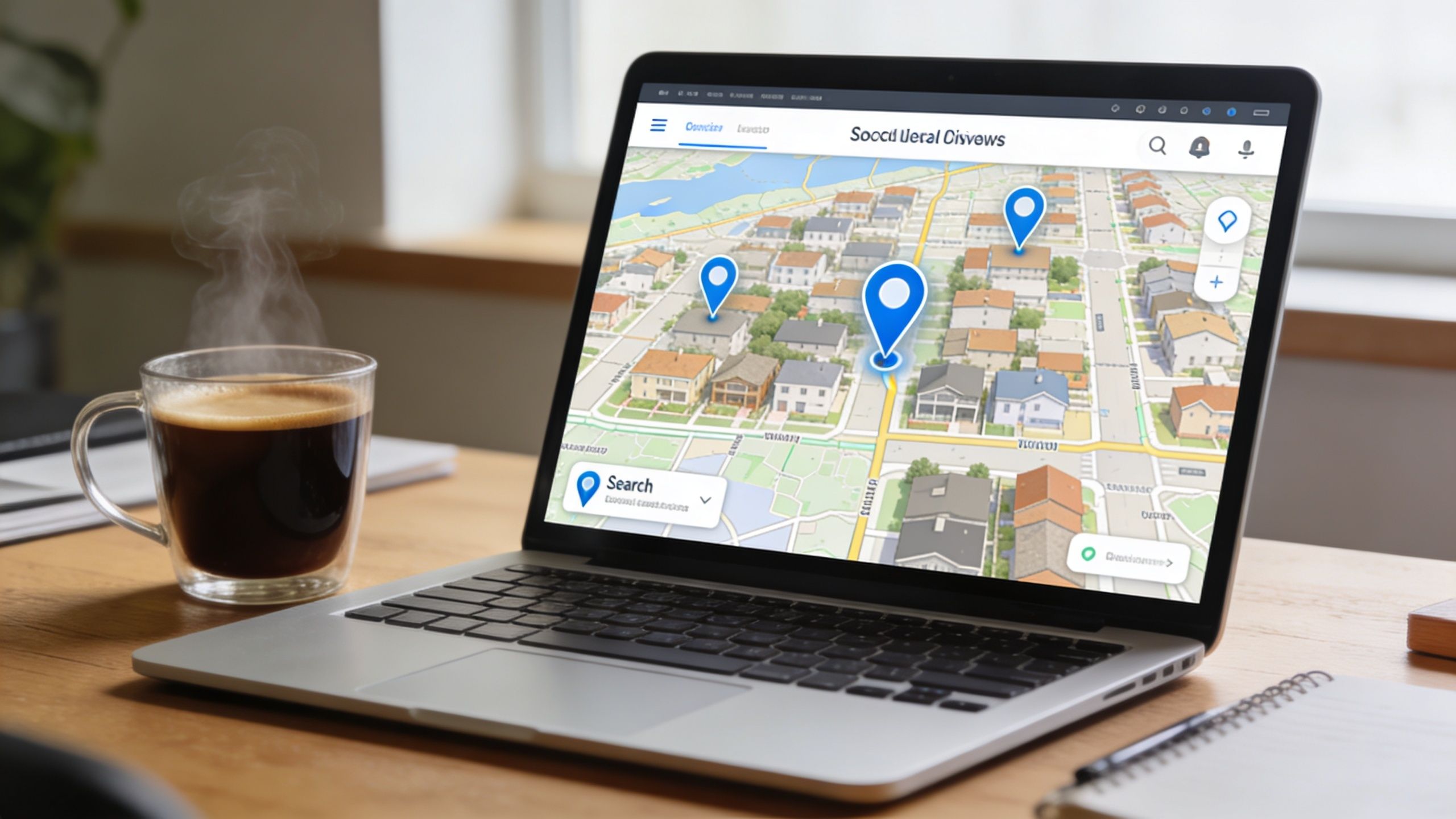 A laptop screen displaying a map with location markers on a desk next to a coffee mug.