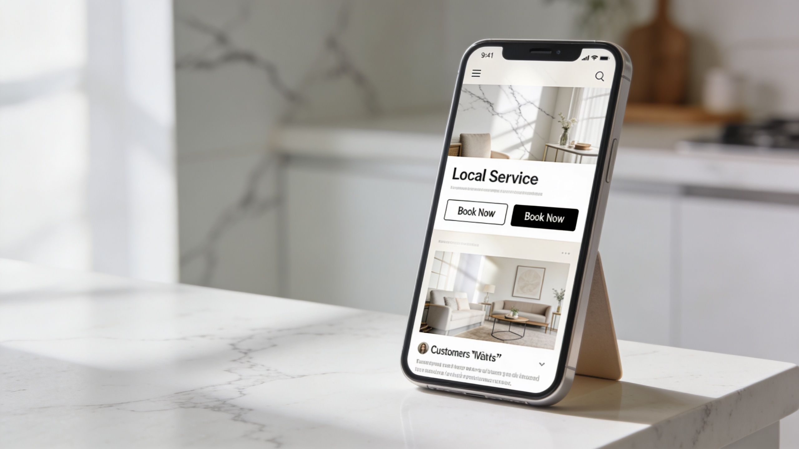 A smartphone on a marble countertop displaying a mobile website for local service lead generation bookings.