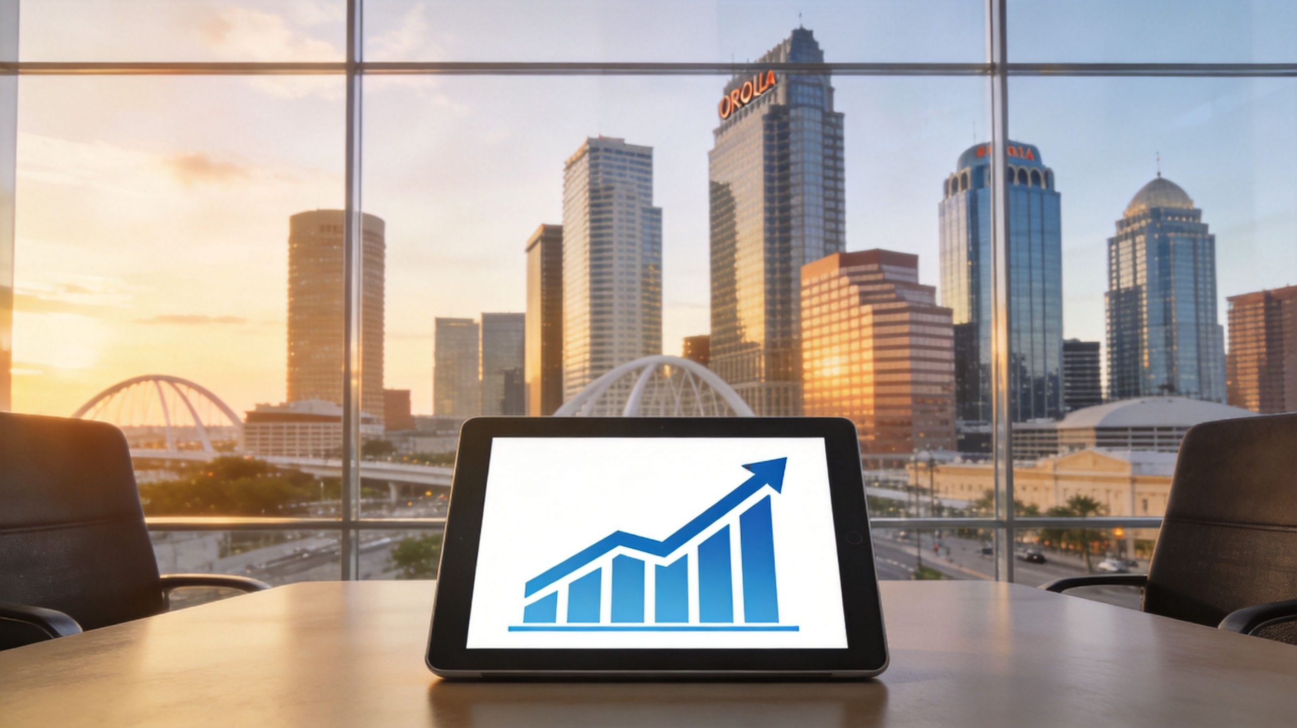 A digital tablet displaying a rising business growth chart on a desk overlooking a modern city skyline.