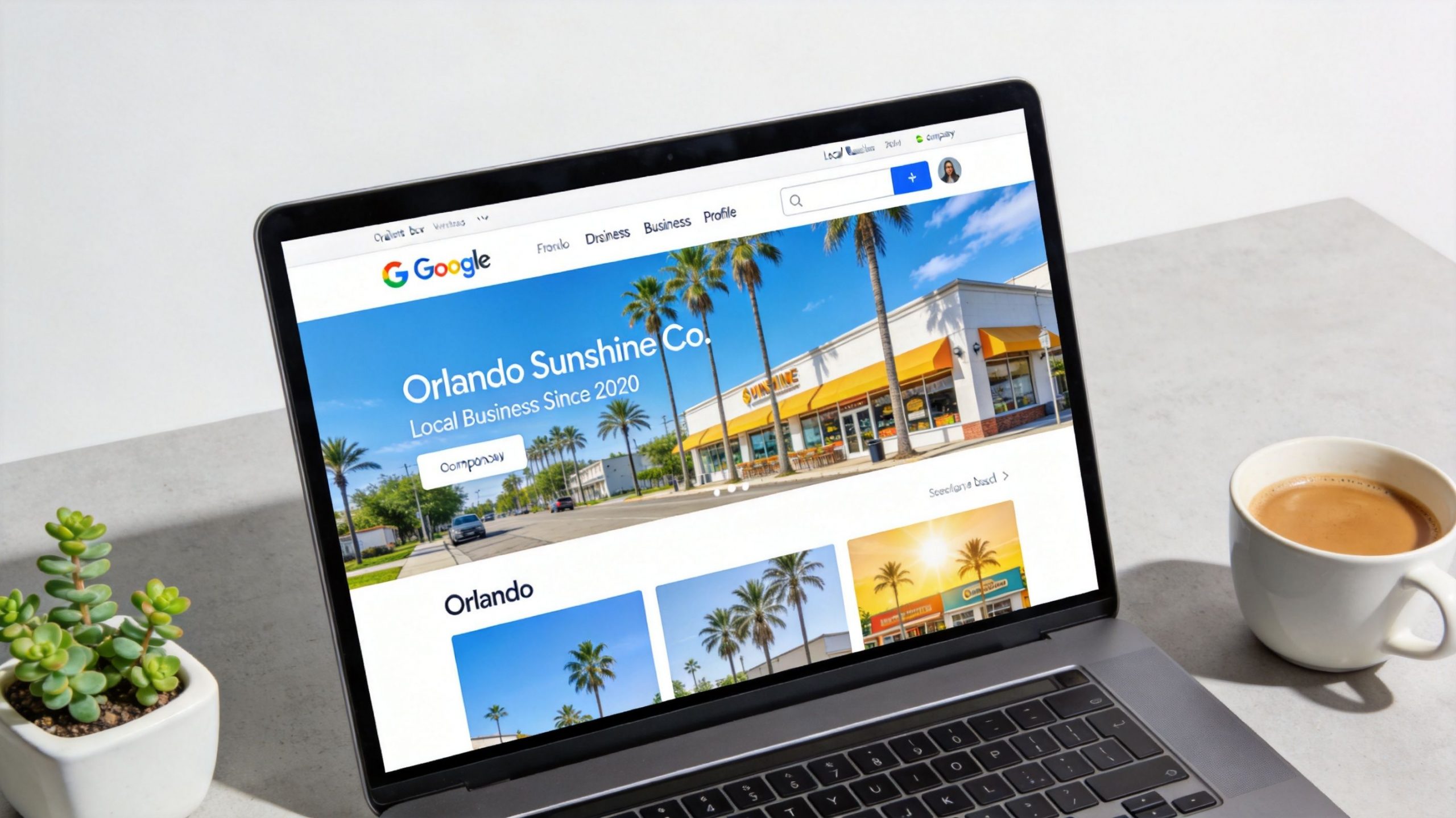 A laptop screen displaying an Orlando Sunshine Co. website homepage with palm trees and a sunny store.