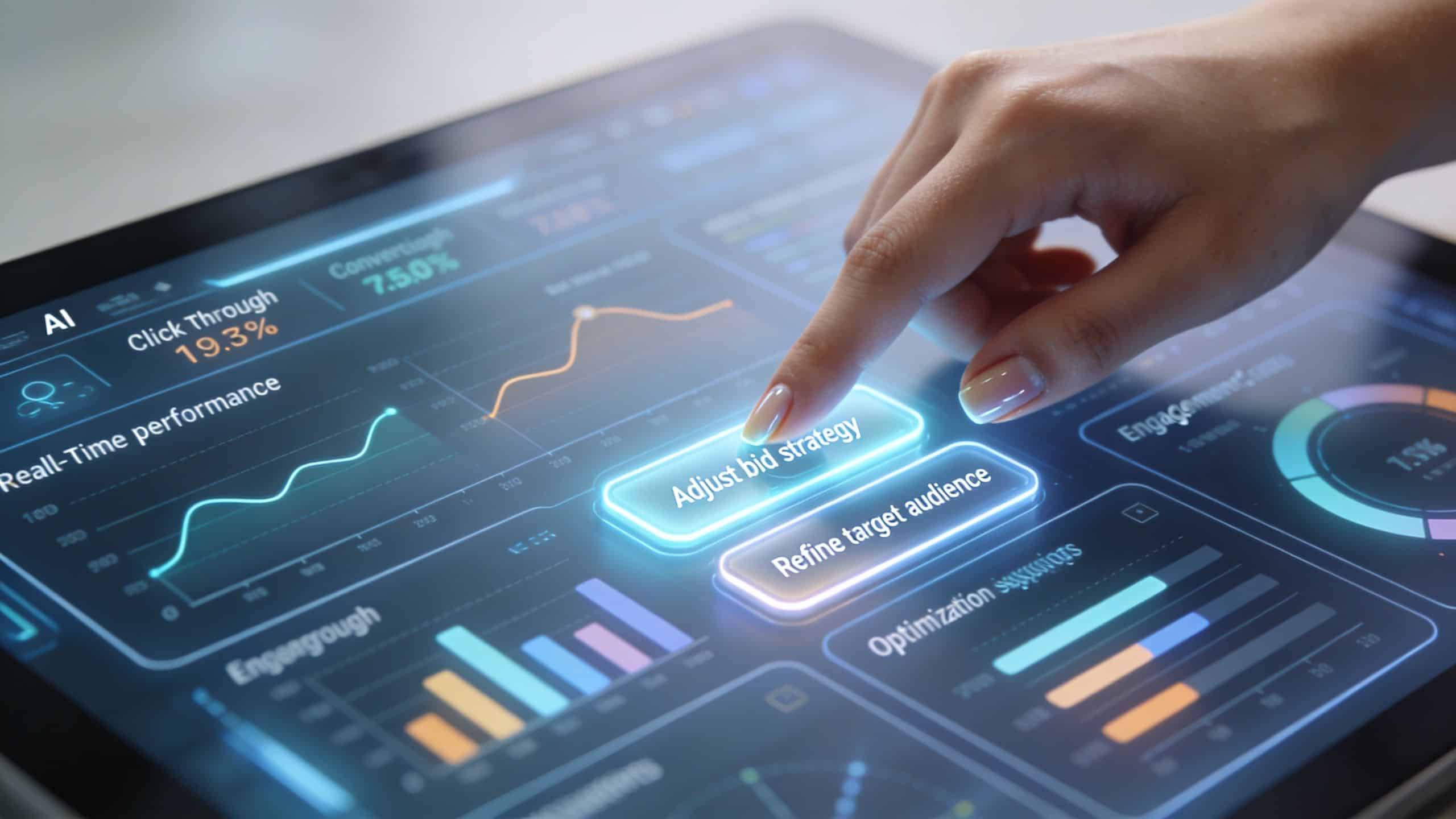 A hand interacting with a digital tablet displaying real-time marketing performance metrics and advertising optimization tools.