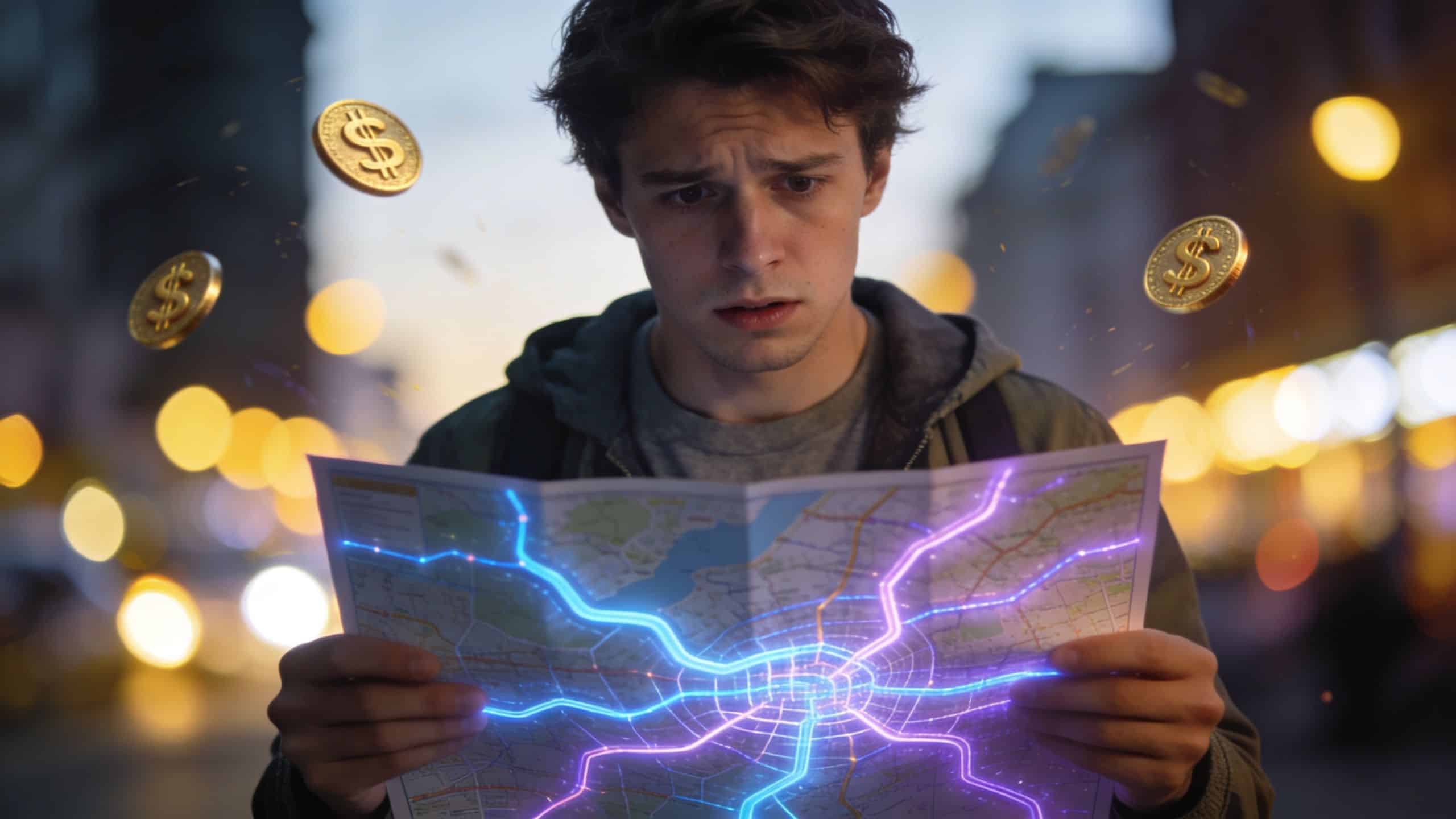 A young man looking confused at a map with glowing digital routes and floating gold coins.