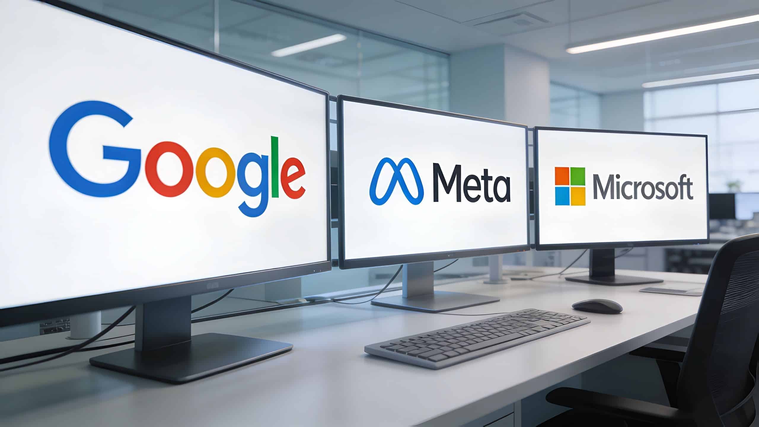 Three computer monitors arranged on a desk displaying the Google, Meta, and Microsoft corporate logos.