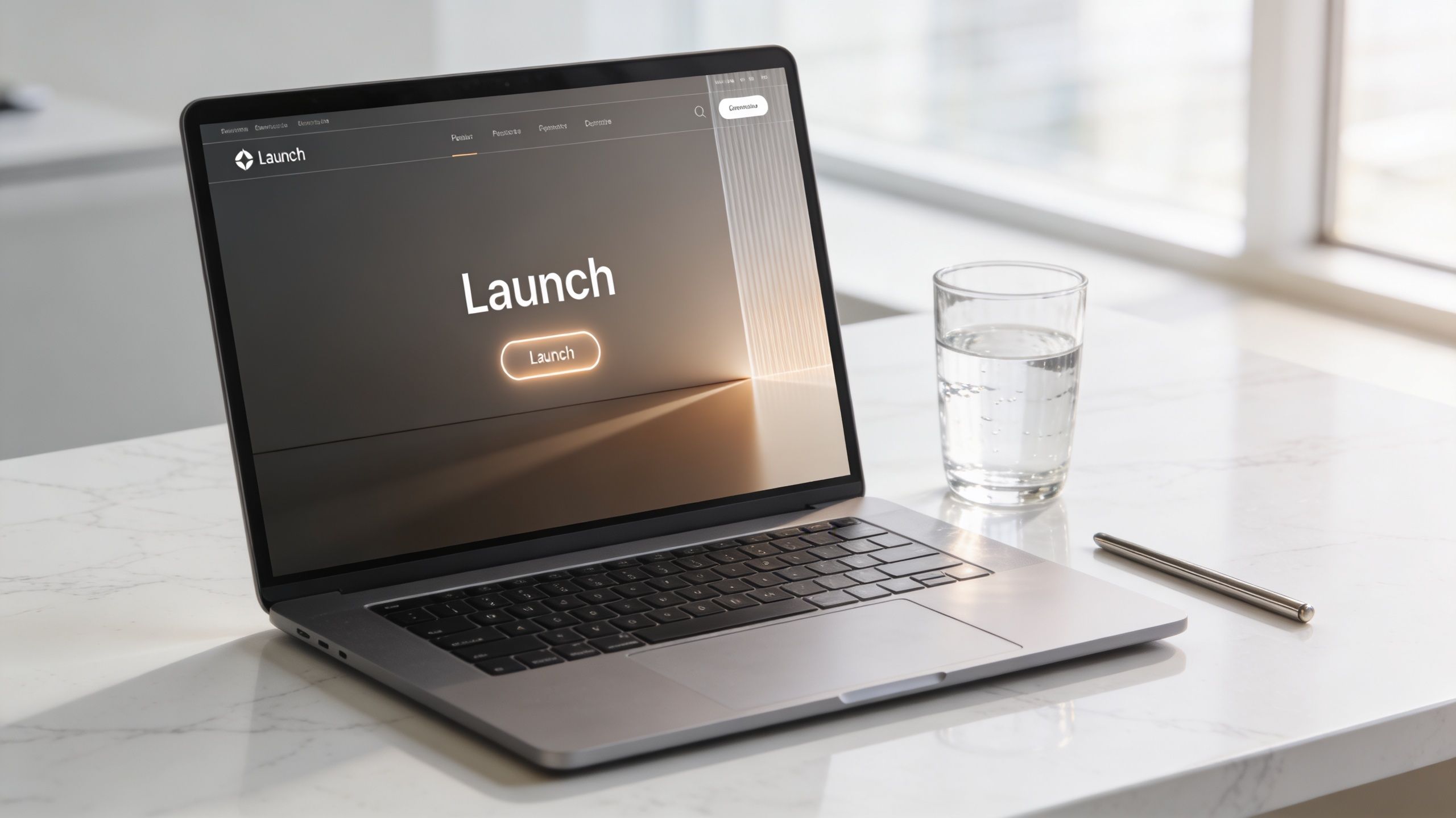 A modern laptop displaying a sleek business website interface sitting on a clean marble desk surface.