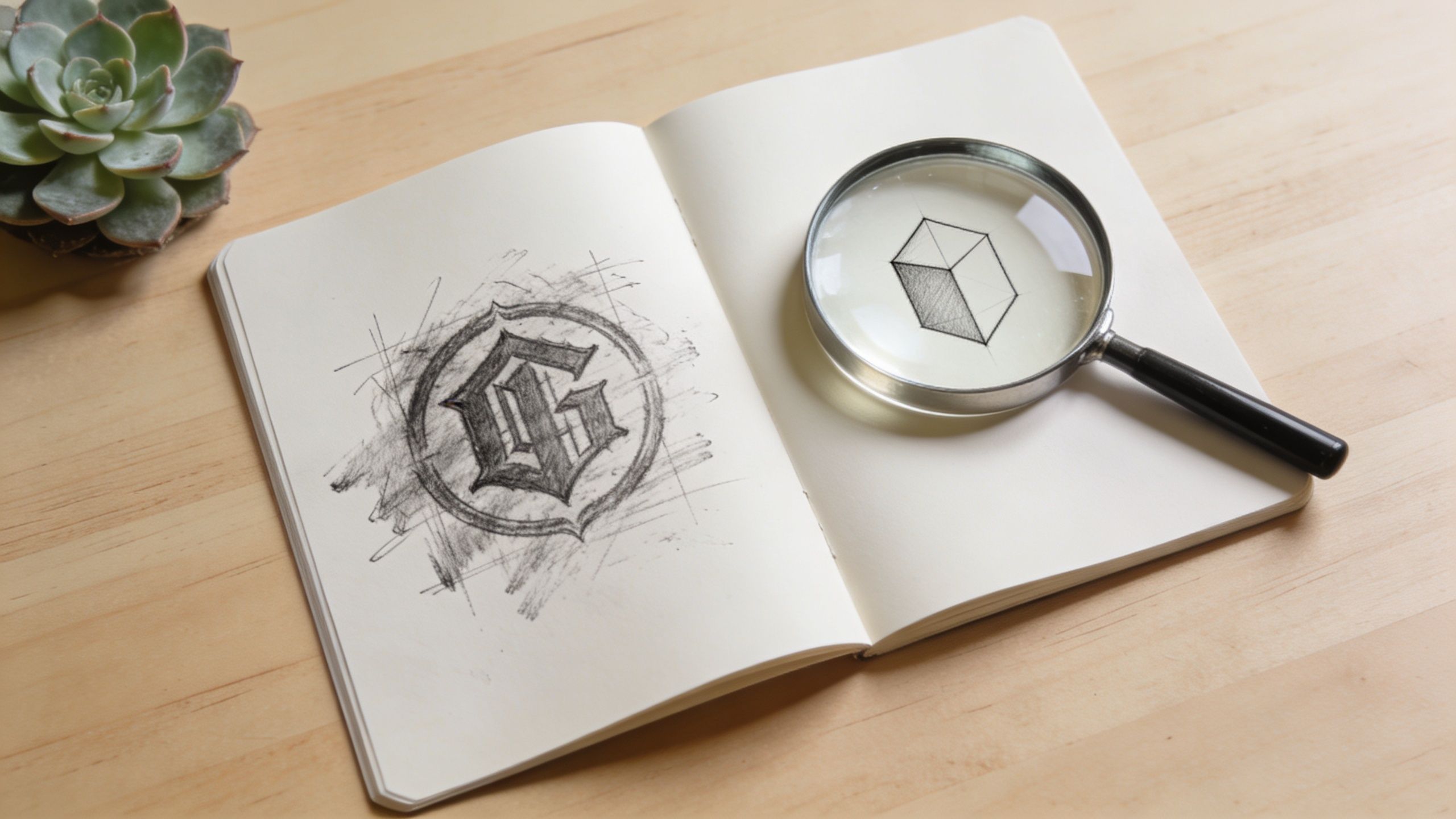 A sketchbook on a wooden table displaying a gothic G logo drawing under a magnifying glass.