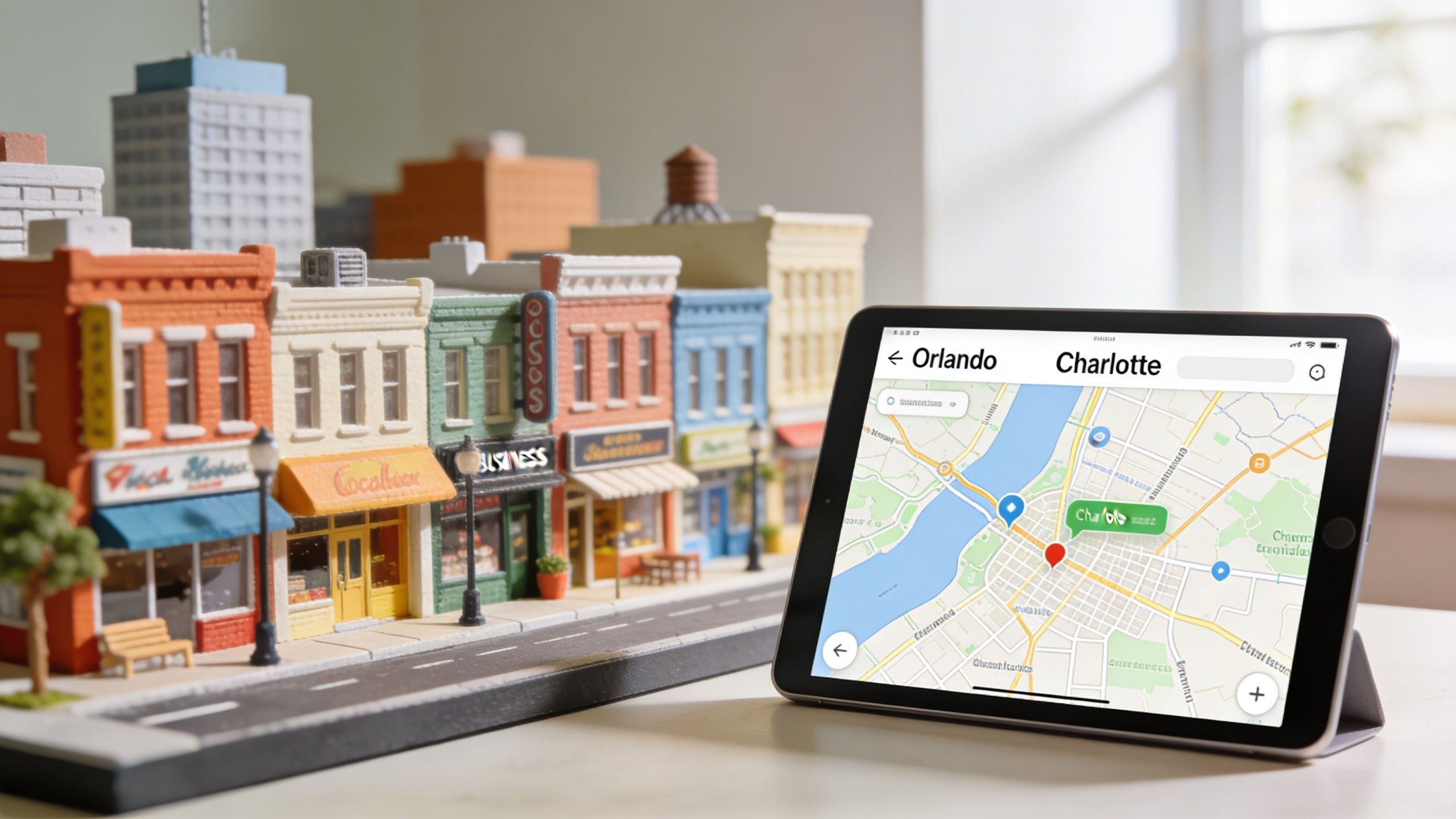 A tablet displaying a map application next to a detailed architectural scale model of a miniature town.