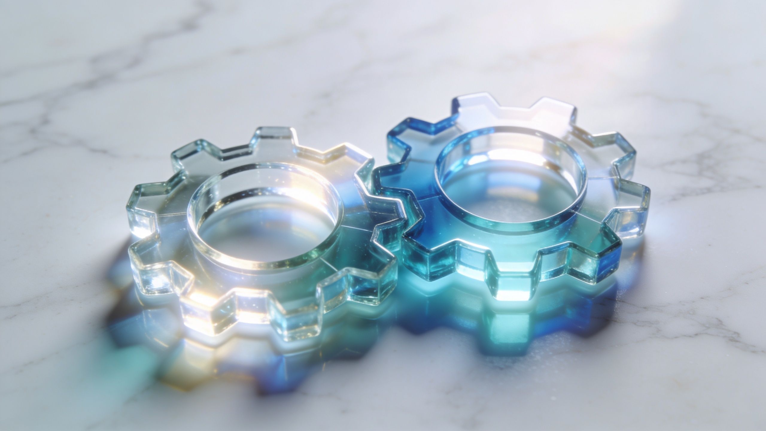 Two translucent, glowing glass gear icons resting on a textured white marble surface reflecting soft blue light.