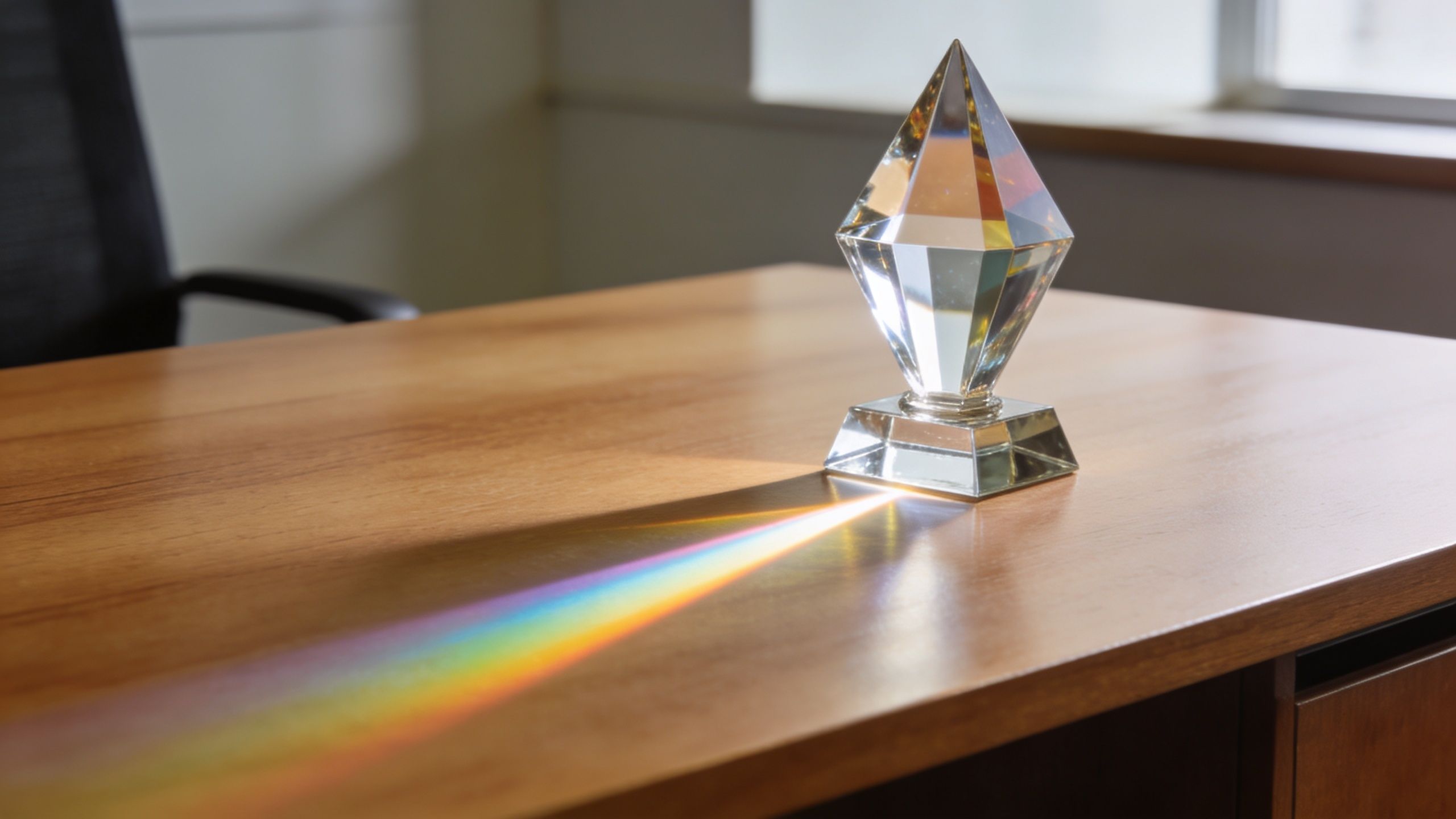 A crystal geometric prism standing on a wooden desk casting a colorful light rainbow spectrum.