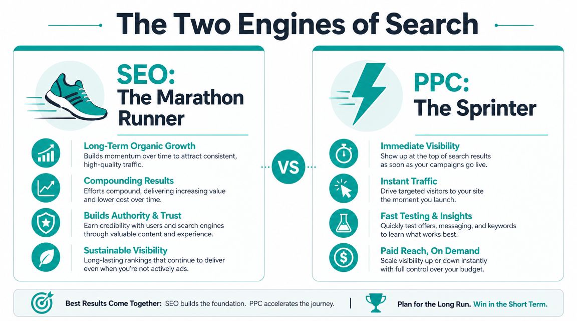 An infographic comparing search engine optimization (SEO) as a marathon runner versus pay-per-click (PPC) advertising as a sprinter.