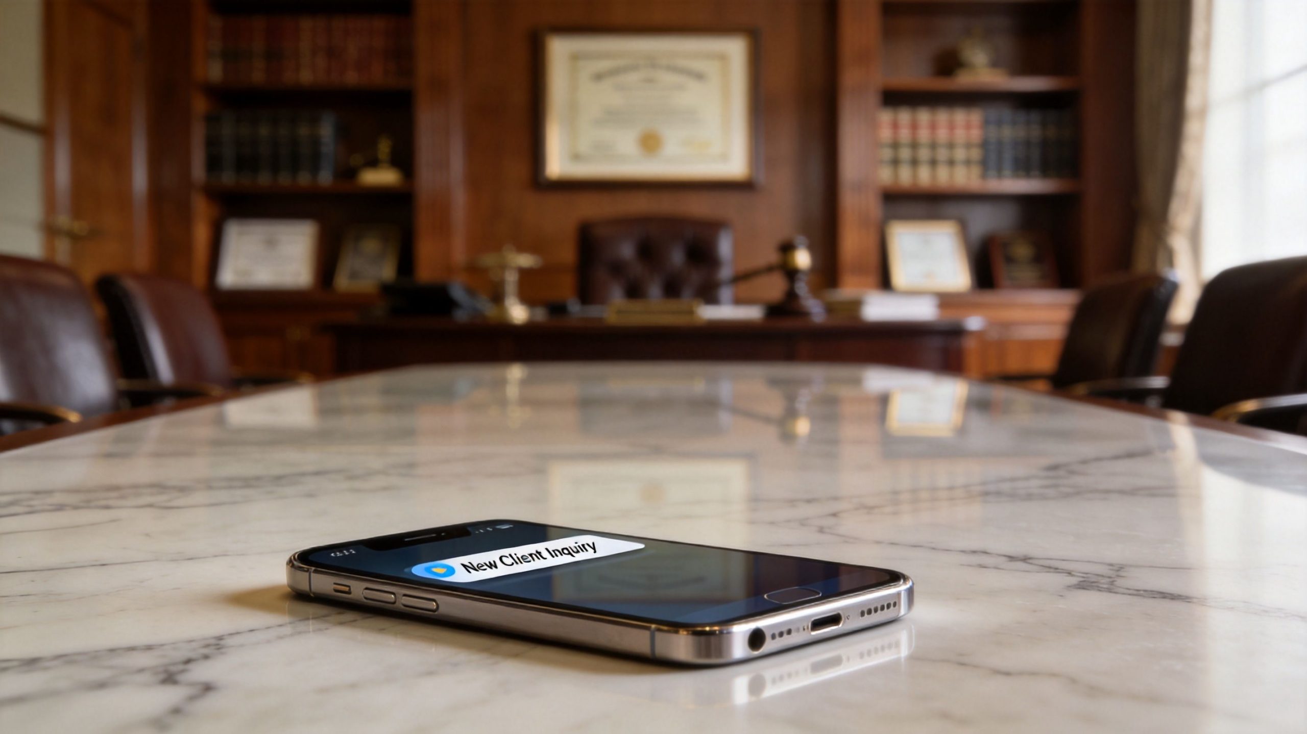 A smartphone resting on a marble table with a new client inquiry notification in a law office.