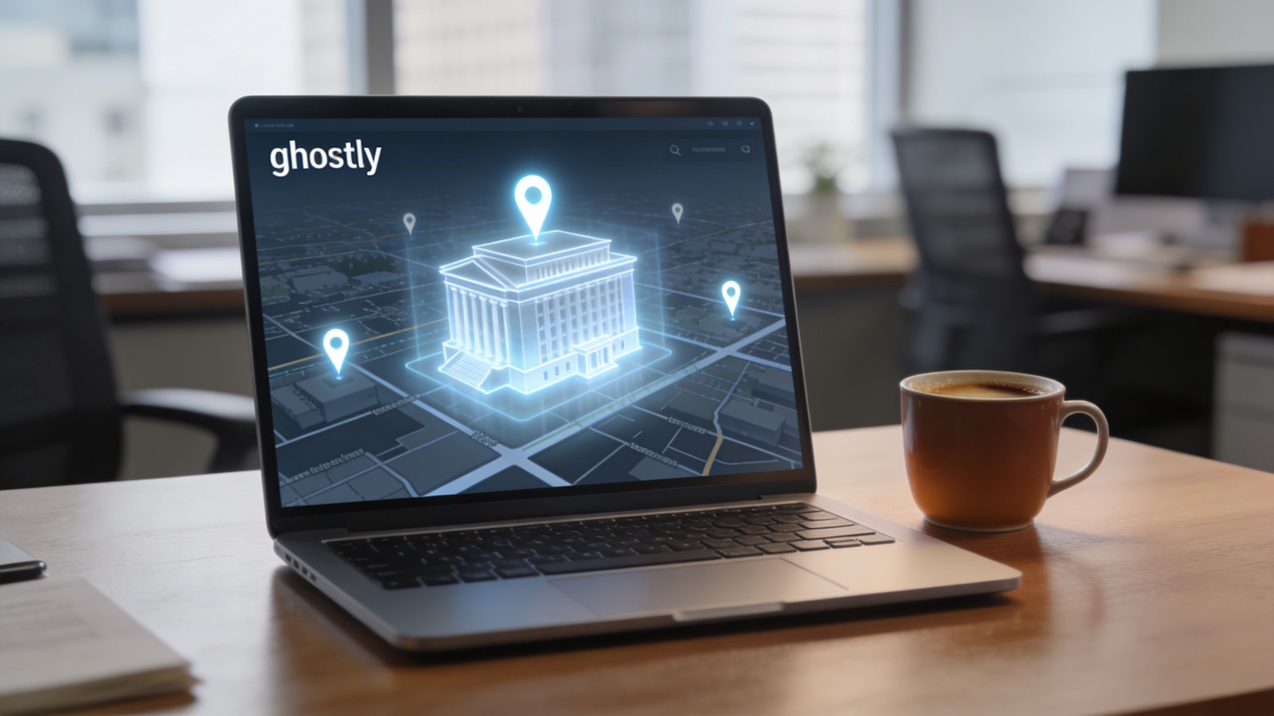 A laptop on a wooden desk displaying a digital map with a glowing architectural model and location markers.