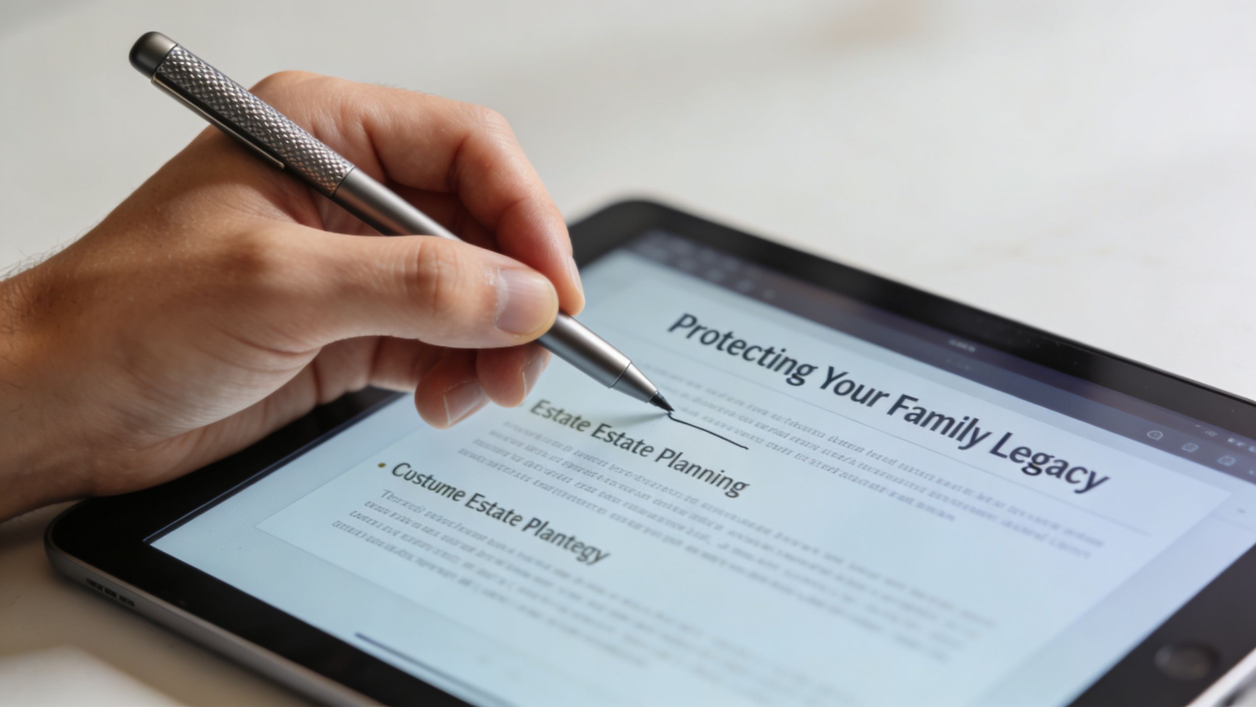 A person using a stylus to write on a tablet screen displaying estate planning document titles.