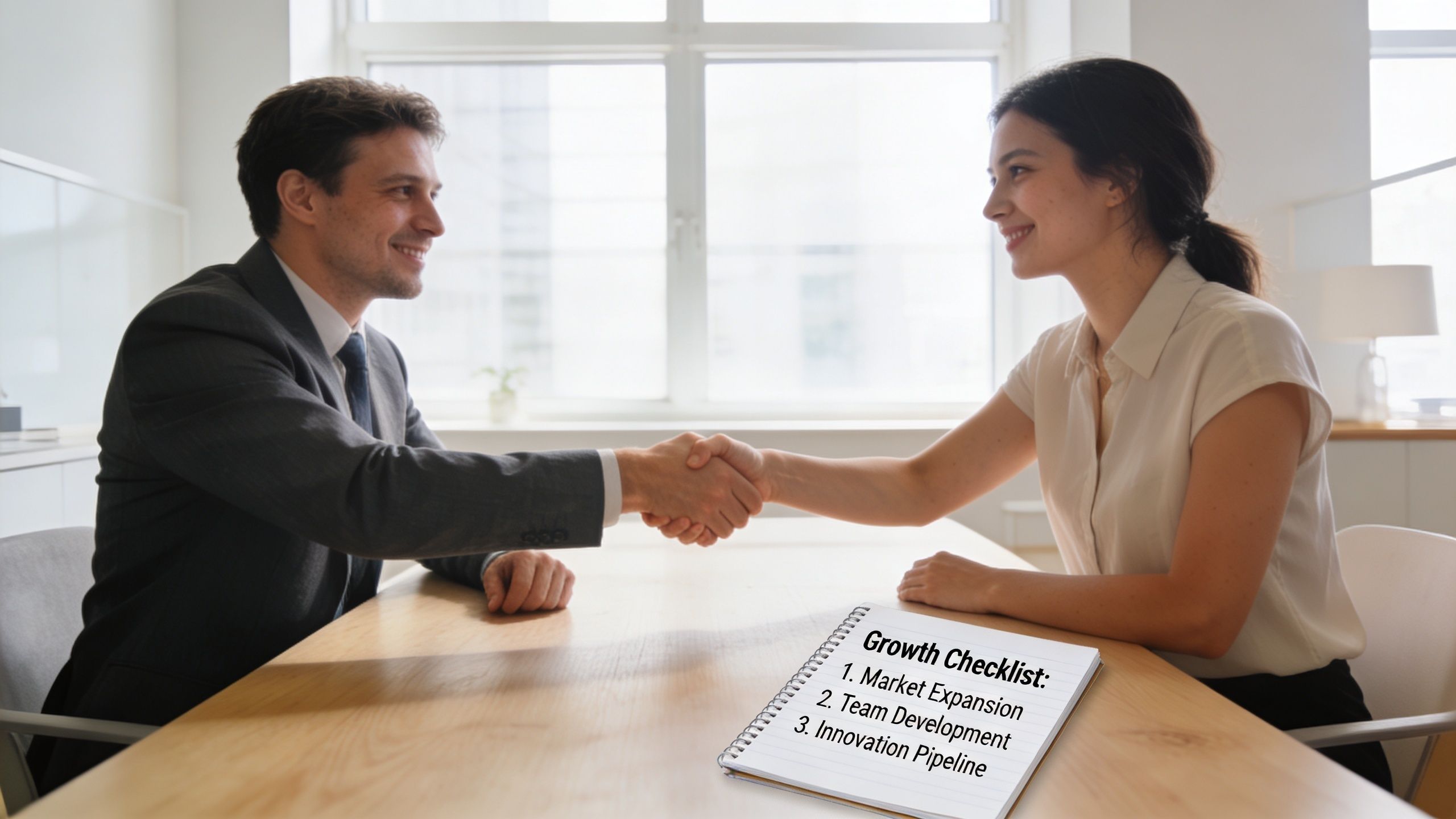 A professional man and woman shaking hands over a wooden desk with a growth strategy checklist notepad.