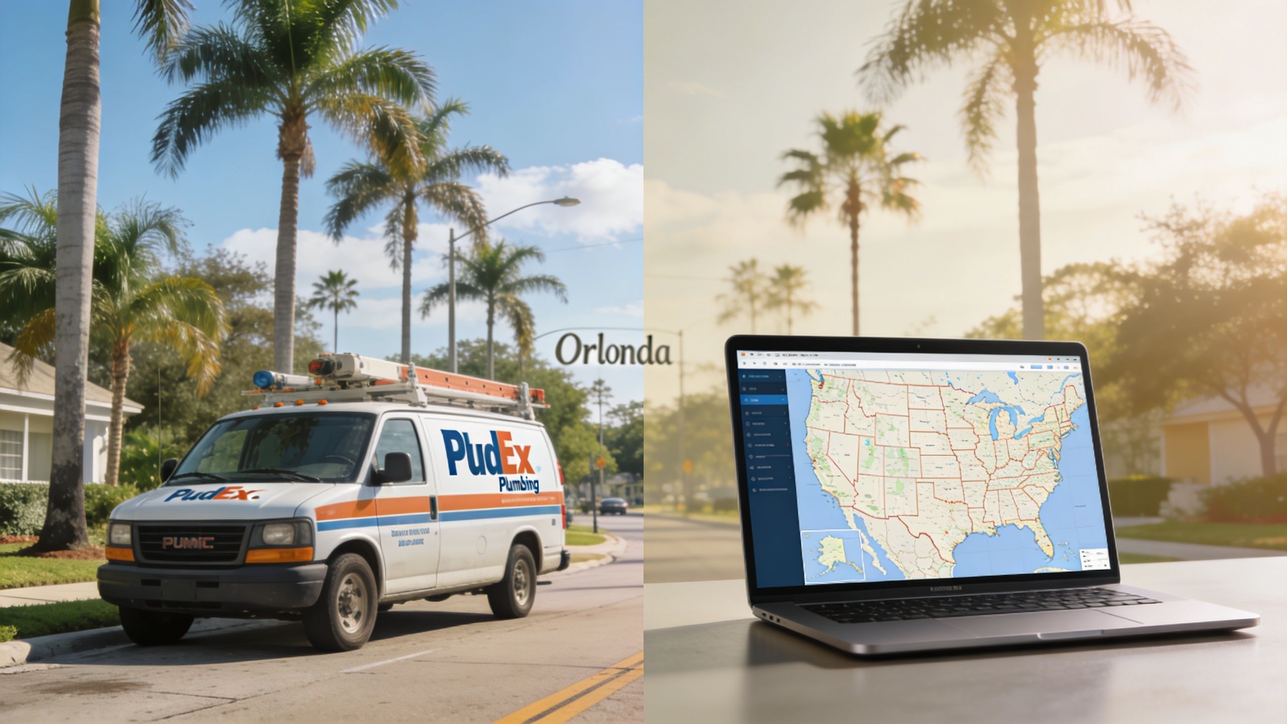 A PudEx Plumbing service van parked on a street next to a laptop displaying a map