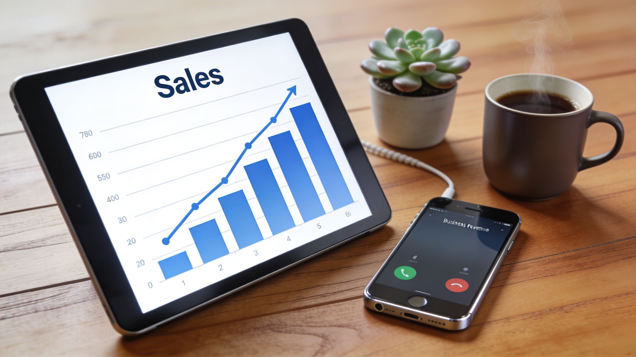 A digital tablet displaying a rising sales bar graph beside a smartphone and a coffee cup.